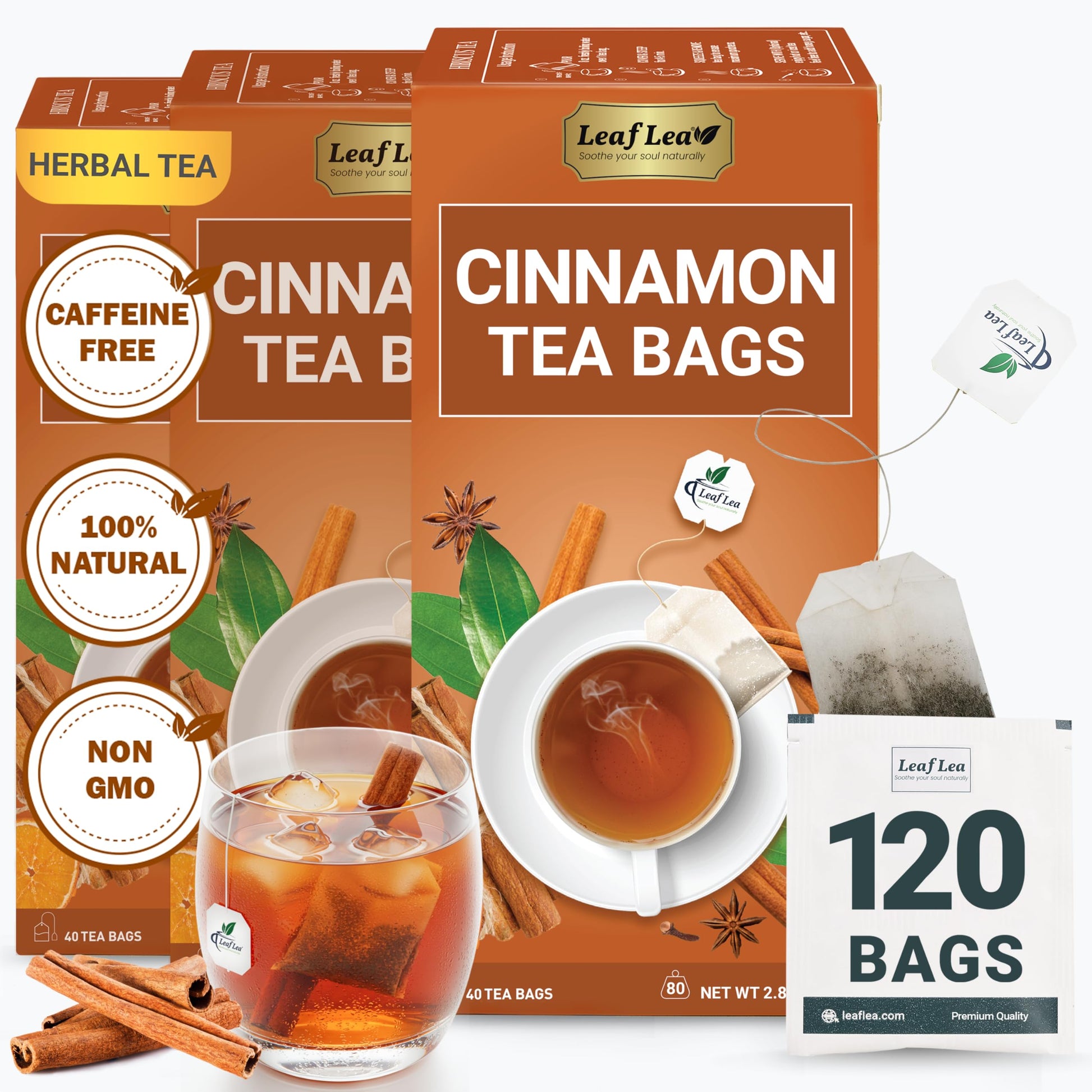 LeafLea Premium Herbal Cinnamon Tea Bags, Caffeine-Free, Sugar-Free, Non-GMO, Vegan, 120 Bags (Pack of 3)