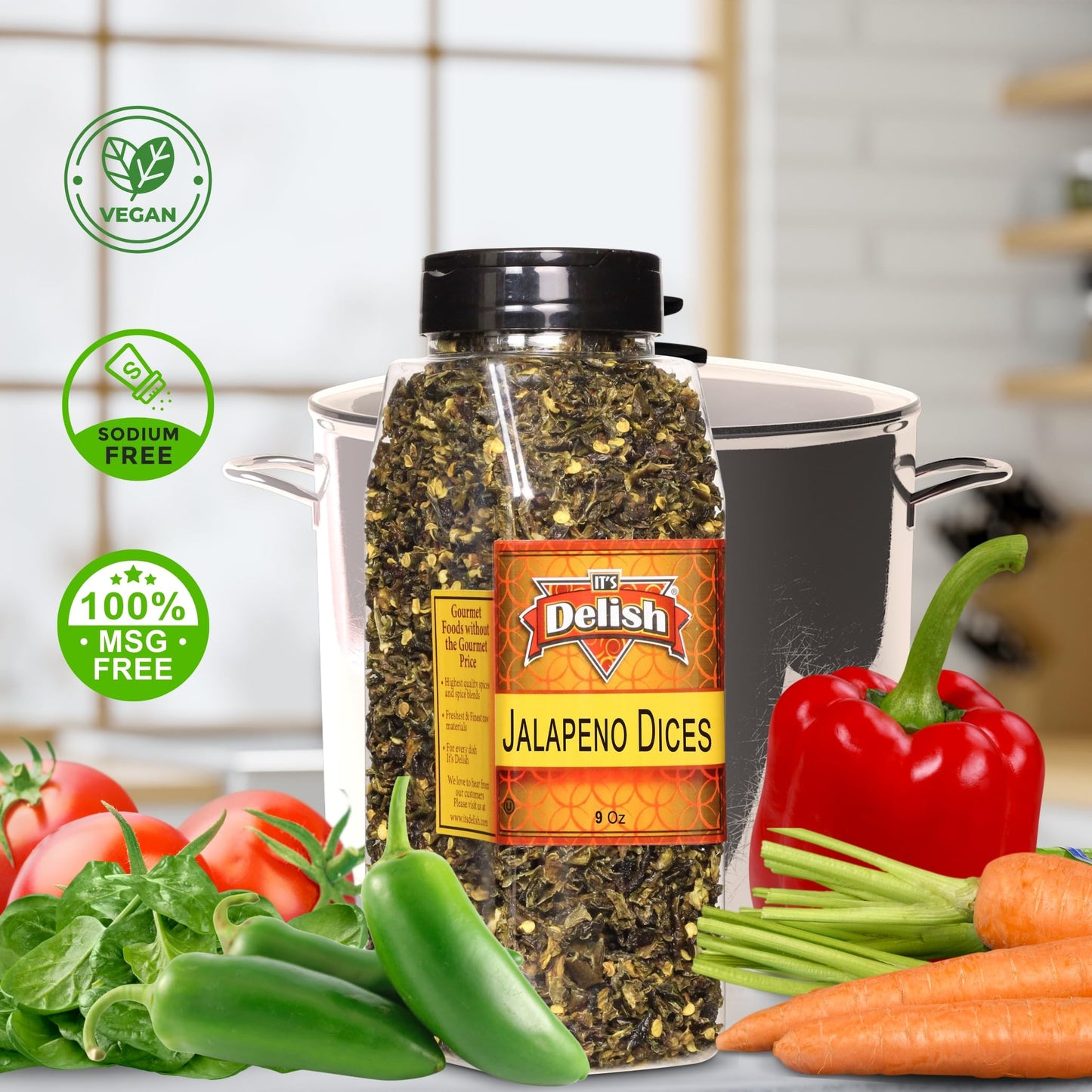 Dried Jalapeno Dices By It'S Delish, 9 Oz Large Jar | Dehydrated Jalapenos | Diced Green Jalapeo Peppers For Chili And Sausage M