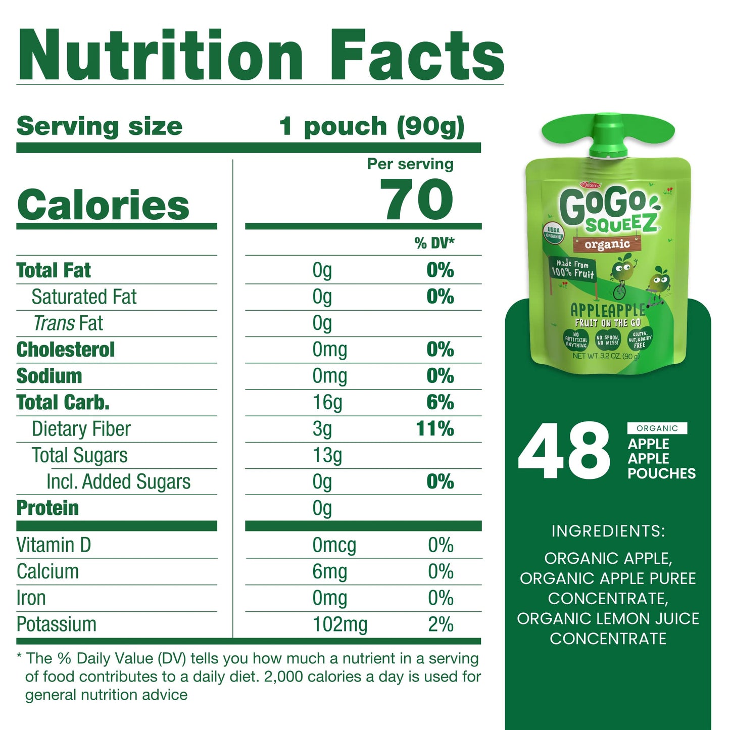 Gogo Squeez Fruit On The Go Organic, Apple Apple, 3.2 Oz (Pack Of 48), Unsweetened Organic Fruit Snacks For Kids, Gluten Free, N