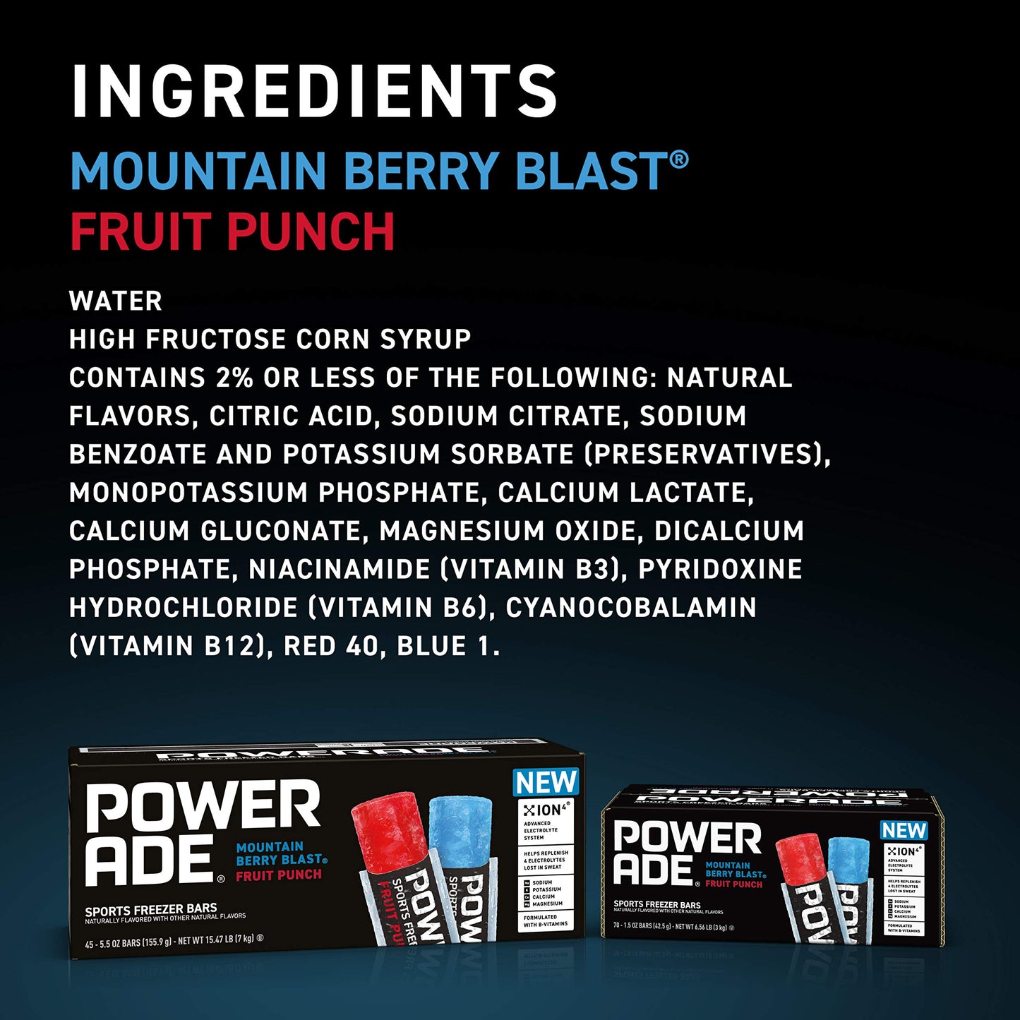 Powerade Sports Freezer Bars - Naturally Flavored Ice Pops with Electrolytes, Mountain Berry Blast & Fruit Punch, 16 CT, 1.5 oz each