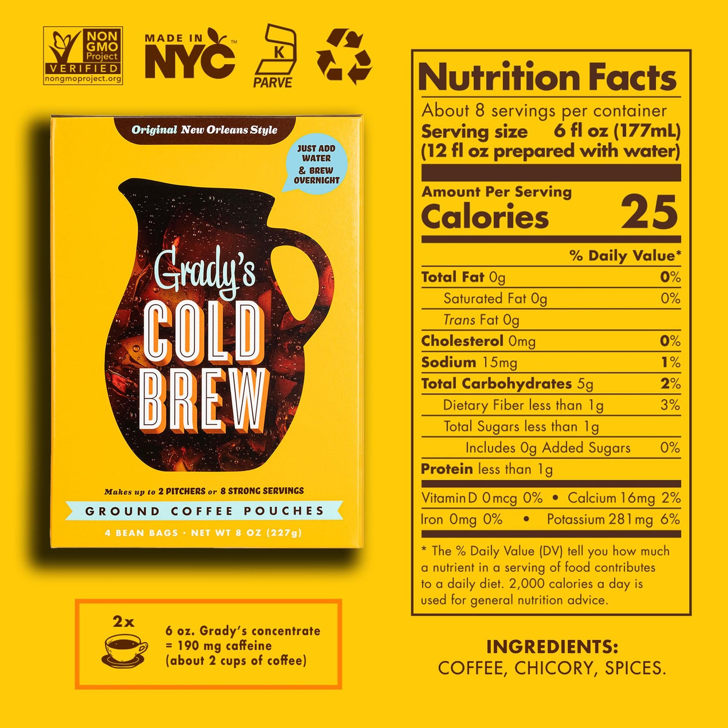 GRADYS COLD BREW, New Orleans Style, 100% Arabica Ground Coffee & Chicory Pouches, TWO Boxes of Four Easy-to-Brew Bean Bags, Mak