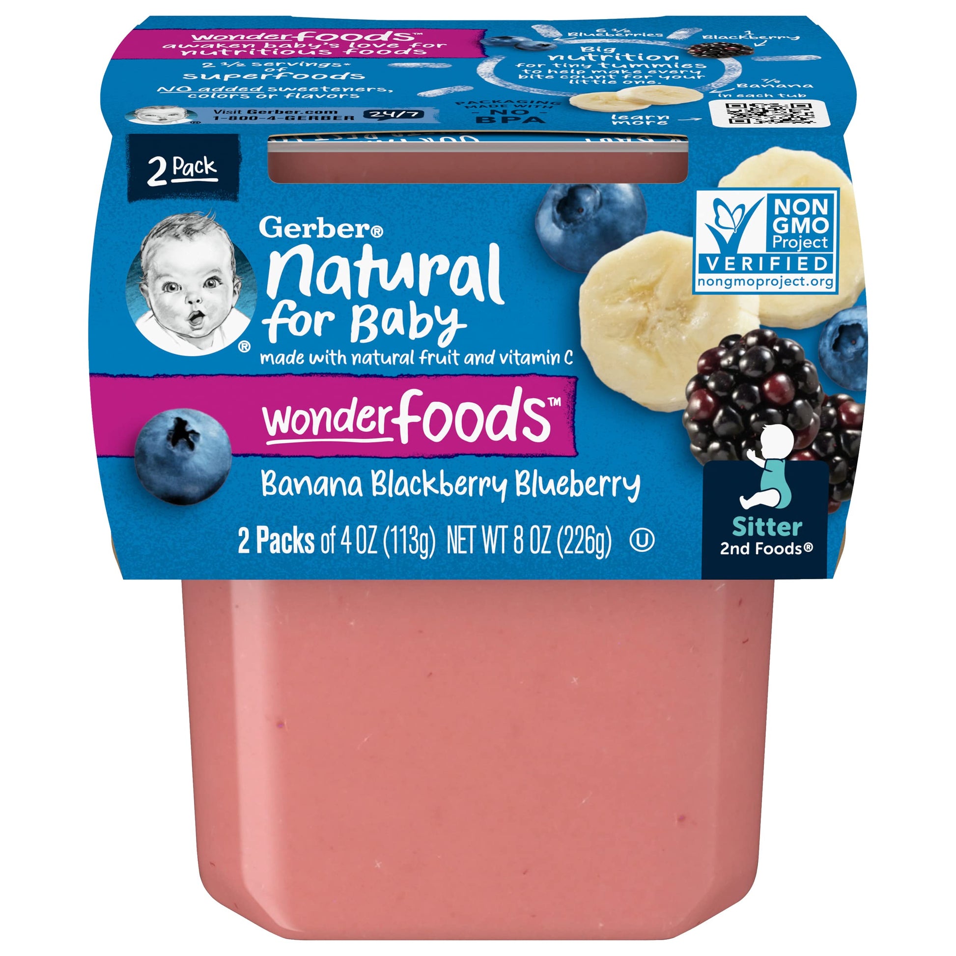 Gerber Wonder Baby Foods Banana Blackberry Blueberry, 4 Oz, 2 Ct Tubs