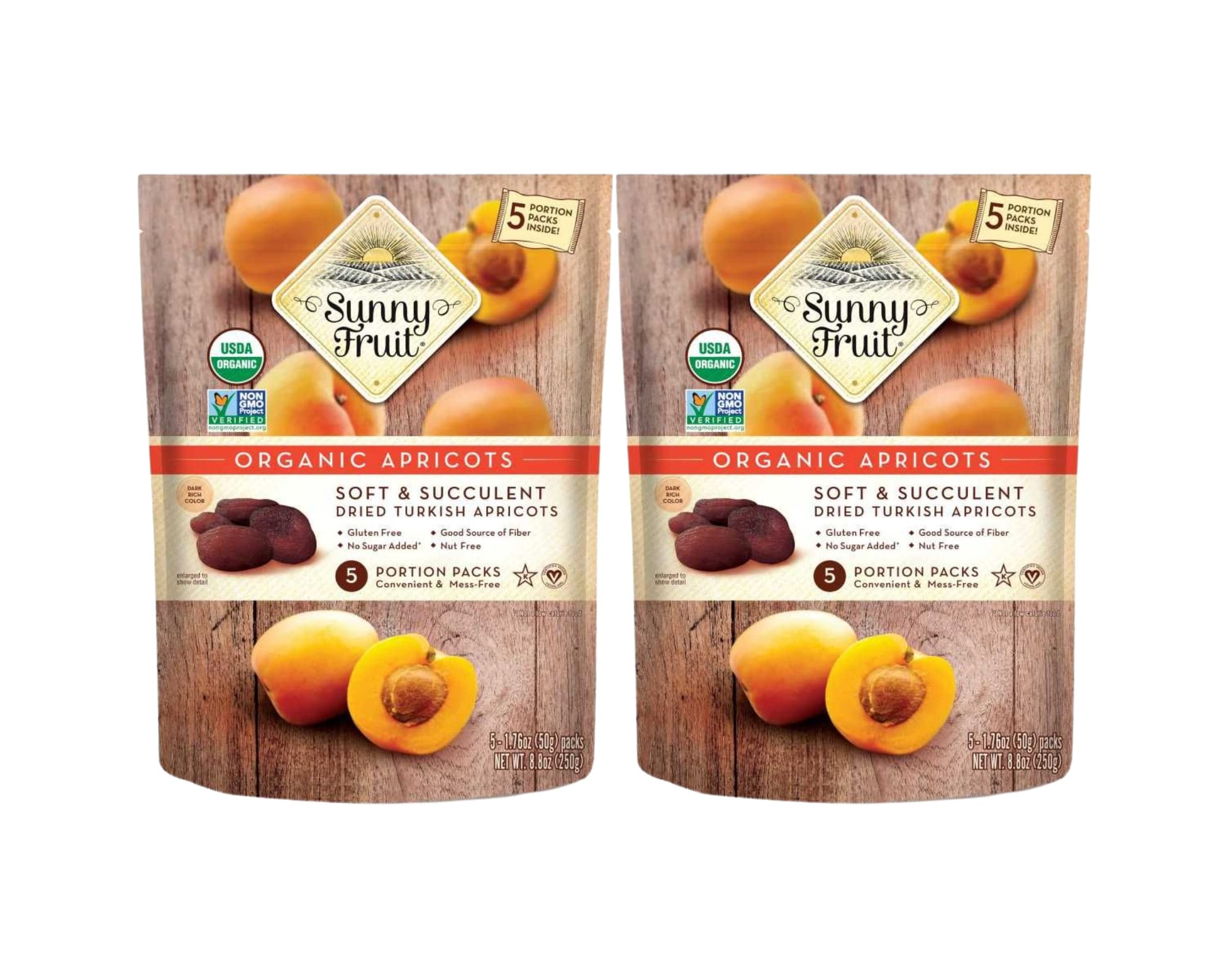 Organic Turkish Dried Apricots - Sunny Fruit (2 Bags) - (5) Portion Packs Per Bag - No Added Sugars, Sulfurs Or Preservatives | Non-Gmo, Vegan & Halal