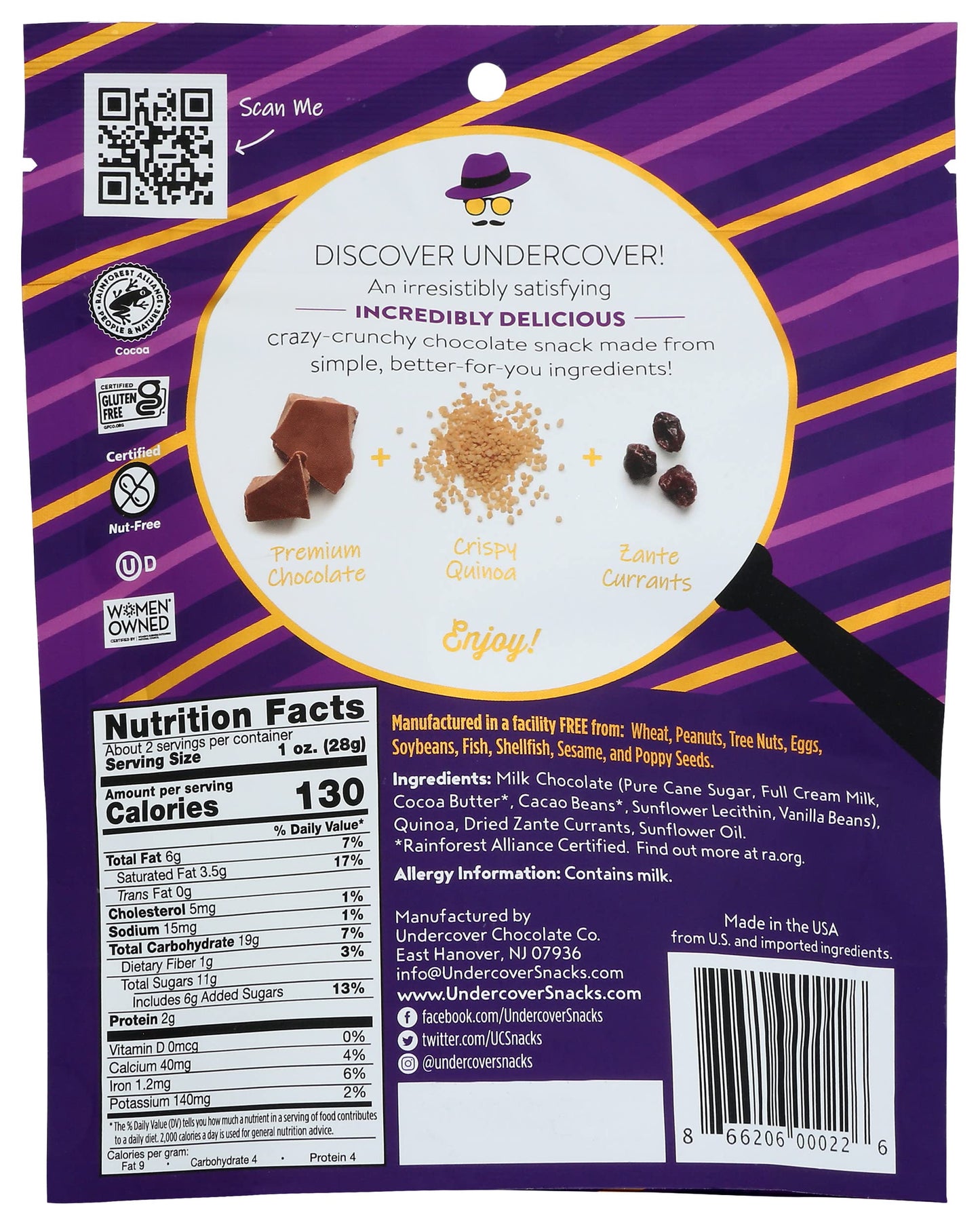 Undercover Quinoa Chocolate Quinoa Crisps, Milk Chocolate & Currants, Gluten-Free, Nut-Free, 8-Pack, 2oz Bags