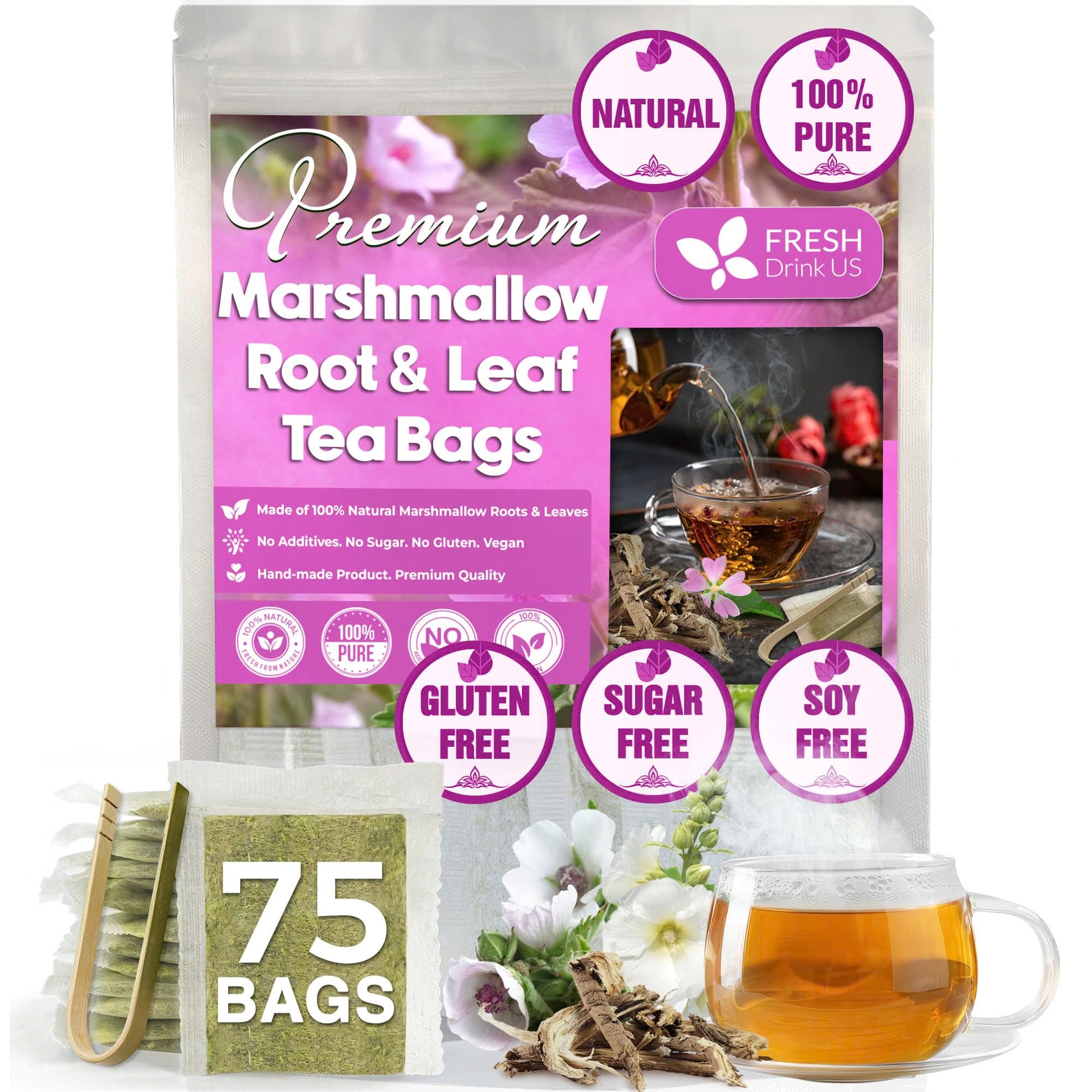 FRESHDRINKUS Marshmallow Root and Leaf Herbal Tea Bags, 100% Natural, 75 Tea Bags, Vegan, Eco-Conscious, No Sugar, No Caffeine, No Gluten