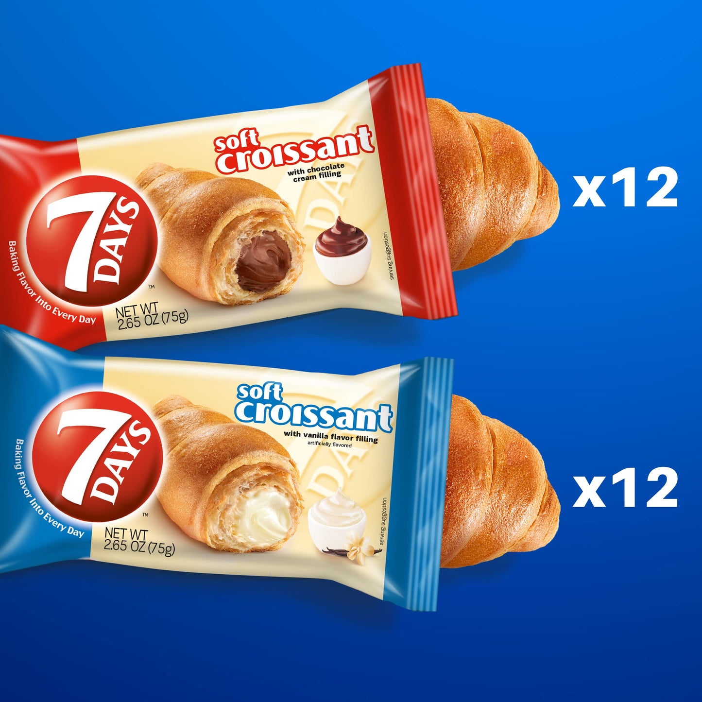 7Days Soft Croissant Variety Pack (24 Count), 12 Chocolate, 12 Vanilla, Breakfast Pastry, Individually Wrapped On The Go Snack (Pack Of 24)