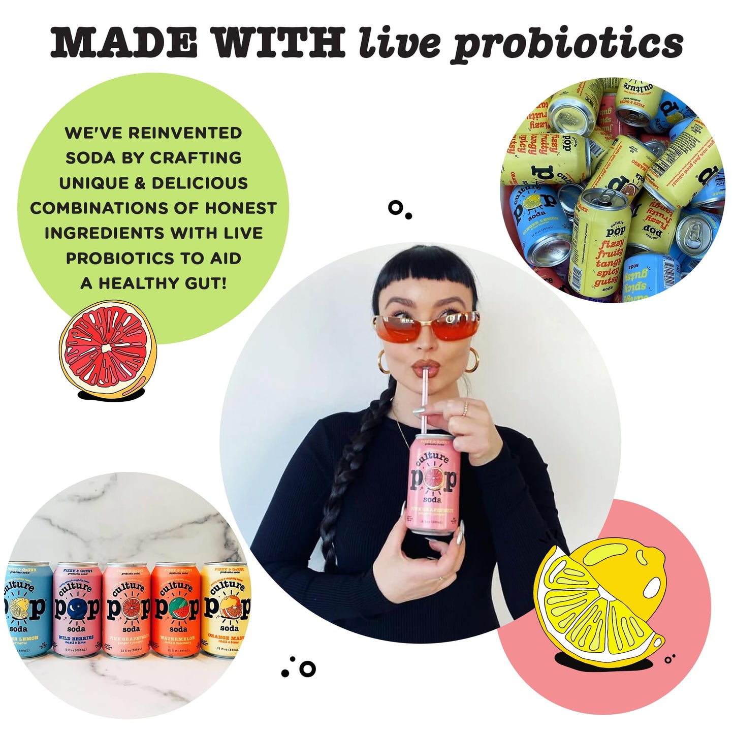 Culture Pop Soda Sparkling Probiotic Drink, Vegan Soda for Gut Health, Non-GMO, GF, No Added Sugar, 12 Pack, 12 Fl Oz Cans, Zest