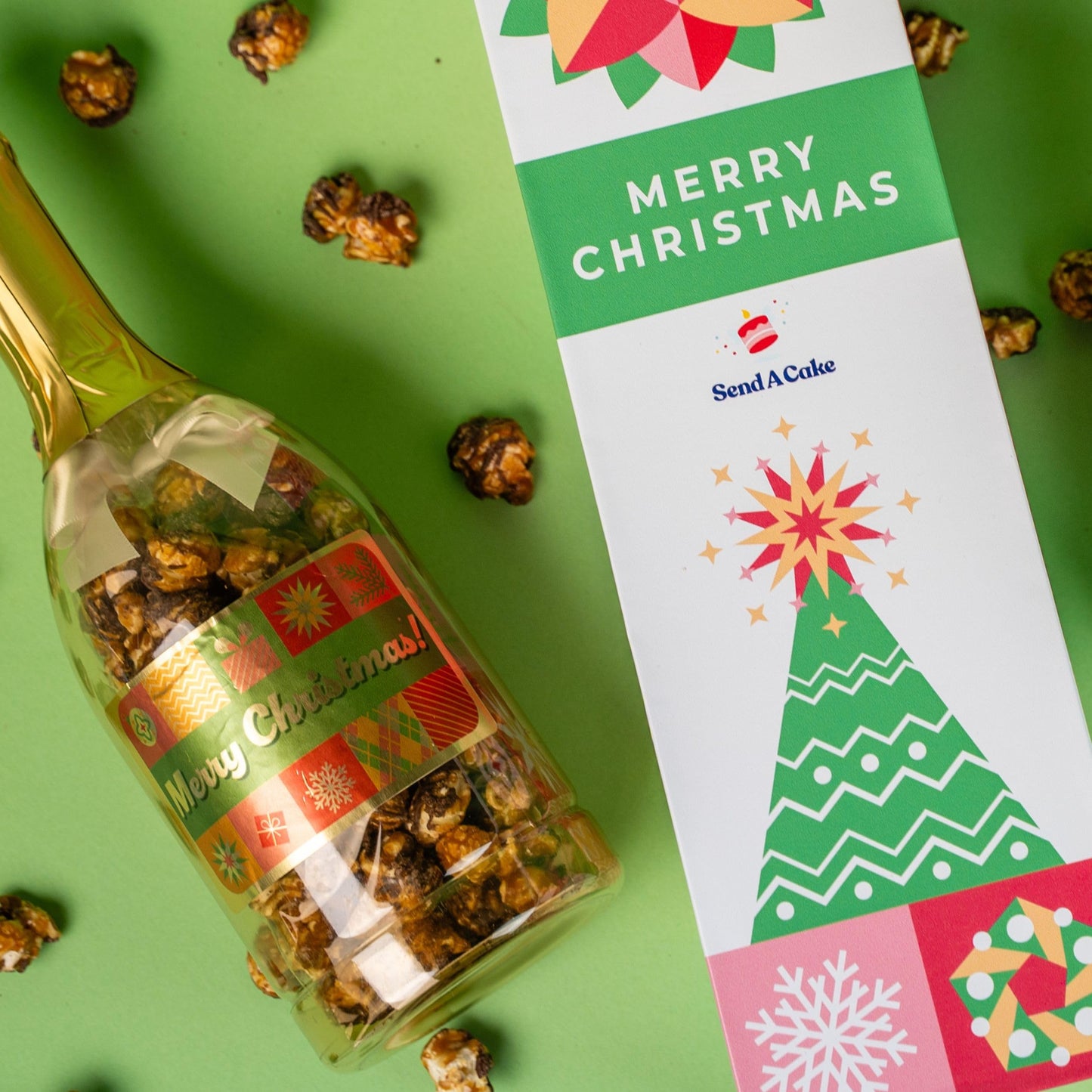 Merry Christmas Bubble Box With Holiday Caramel Corn By Send A Cake, Ready To Gift, No Assembly Required - Christmas Surprise - Unique Gift For Women, Men, Mature-Themed, Kids