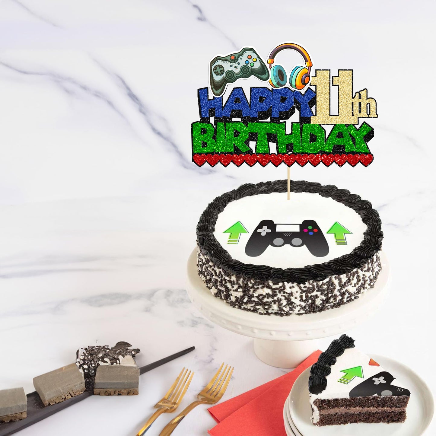 Ephlyn 1Pcs Video Game Happy 11Th Birthday Cake Topper Glitter Video Game Cake Pick Game On Controllers Ten Cheers To 11 Years C