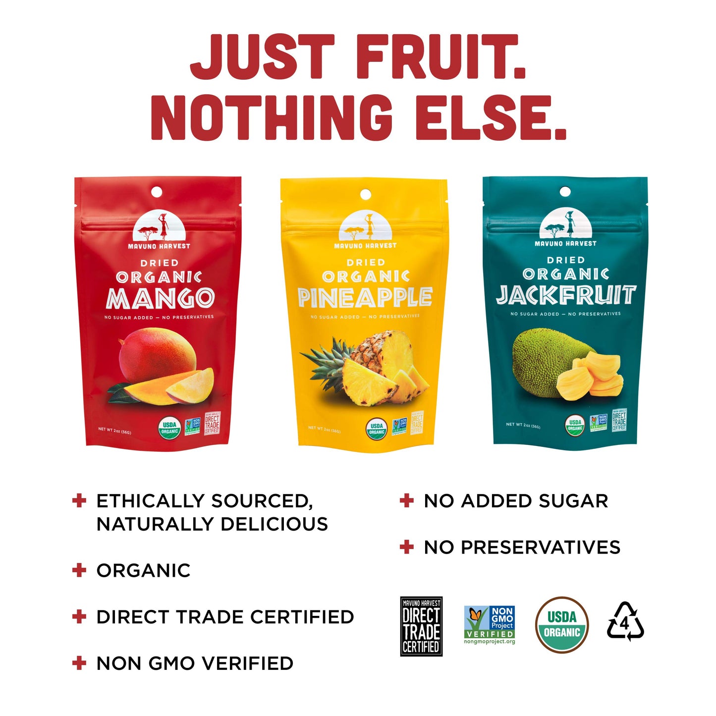 Mavuno Harvest Organic Dried Fruit Variety Pack | Dried Mango, Pineapple, and Jackfruit | Healthy, Vegan, No Sugar Added, Non GM