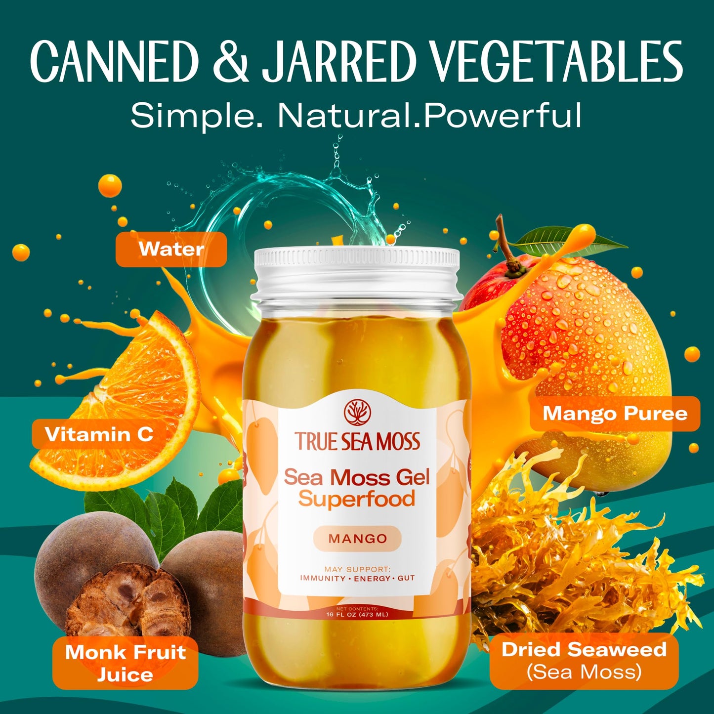 TrueSeaMoss Sea Moss Gel - Made in USA - Wildcrafted Seamoss, Fruits & Jarred Vegetables - Mango, Pack of 2 (Labels may Vary)