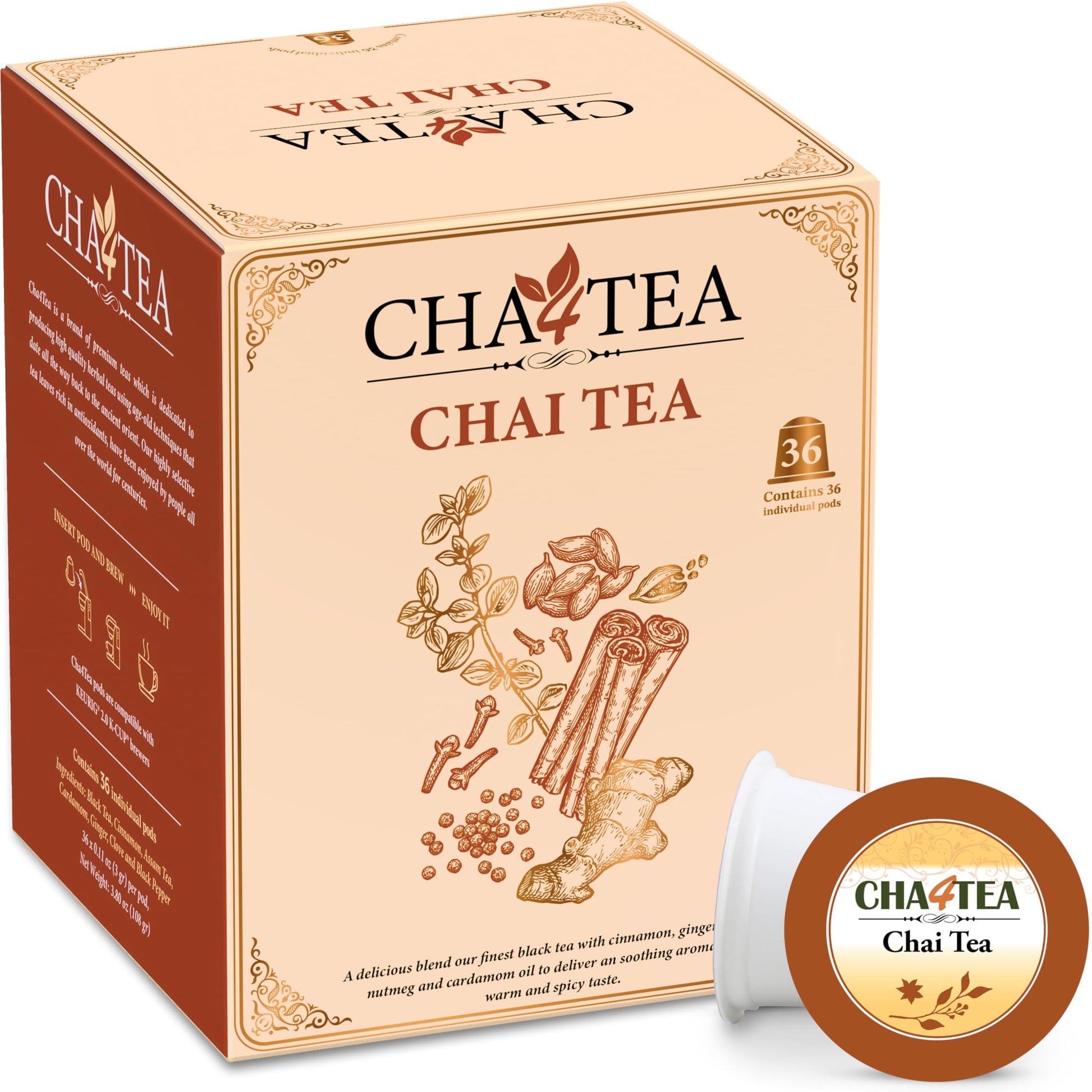 Cha4TEA Chai Black Tea Pods for Keurig K-Cup Brewers, 36 Count, Model TE-008-1