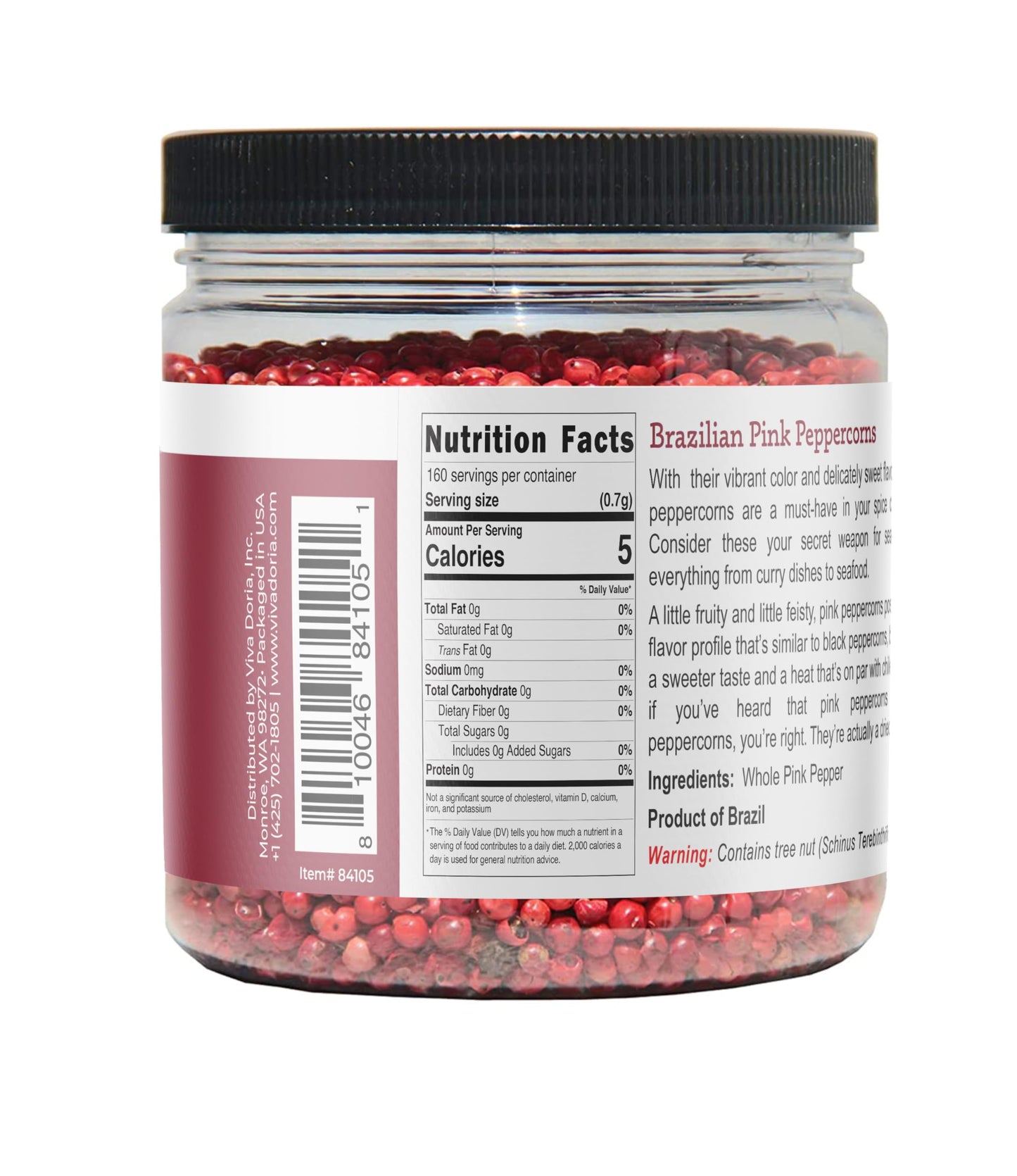 Viva Doria Brazilian Pink Peppercorns, Steam Sterilized Whole Pink Pepper, 4 Oz