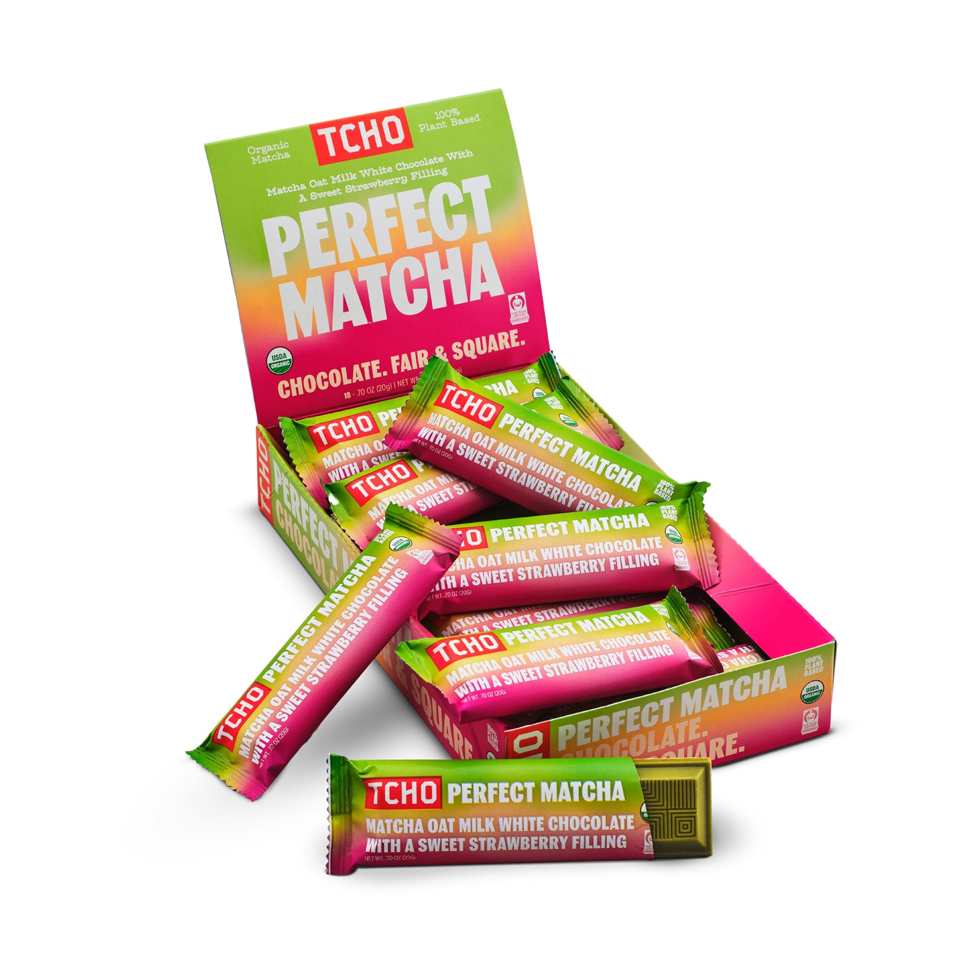TCHO Perfect Matcha Chocolate Bar 18 Pack - Organic Oat Milk Chocolate with Matcha Shell and Strawberry Filling - Plant-Based No