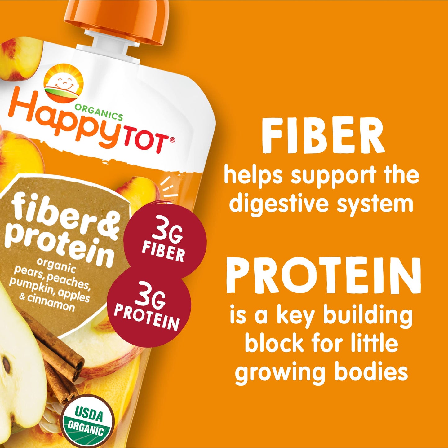 Happy Tot Organics Stage 4 Baby Food Pouches, Gluten Free, Vegan Snack, Fiber & Protein Fruit & Veggie Puree, Apples, Peaches, P
