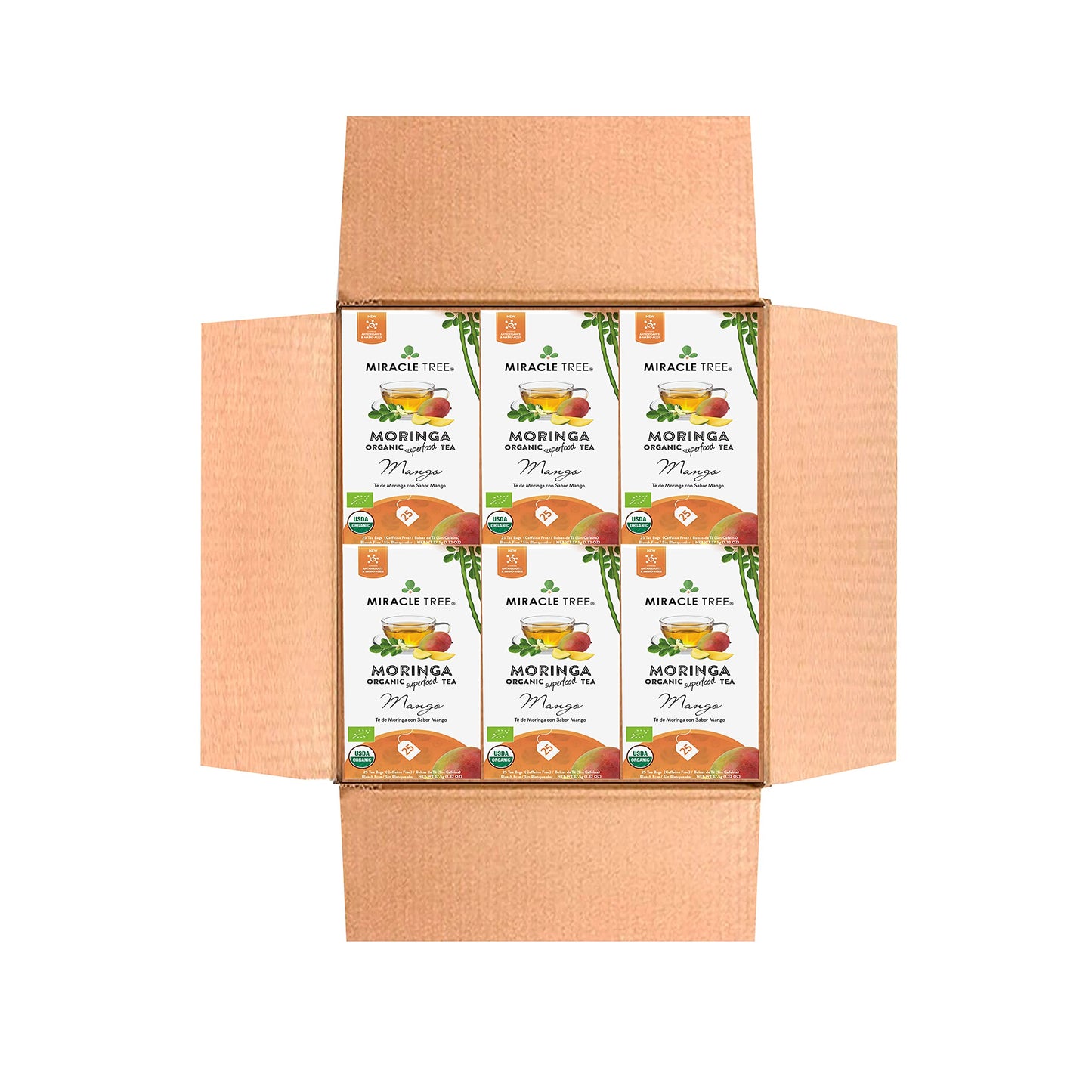 Miracle Tree Organic Moringa Superfood Tea, 25 Individually Sealed Bags, Mango Flavor, 6 Count Pack, Vegan, Gluten-Free, Caffeine-Free