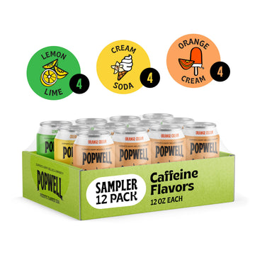 Popwell Caffeinated Prebiotic Soda Variety Pack, 12 Fl Oz (Pack of 12), 6g Fiber, 1g Sugar, Orange Cream, Lemon Lime, Cream Soda