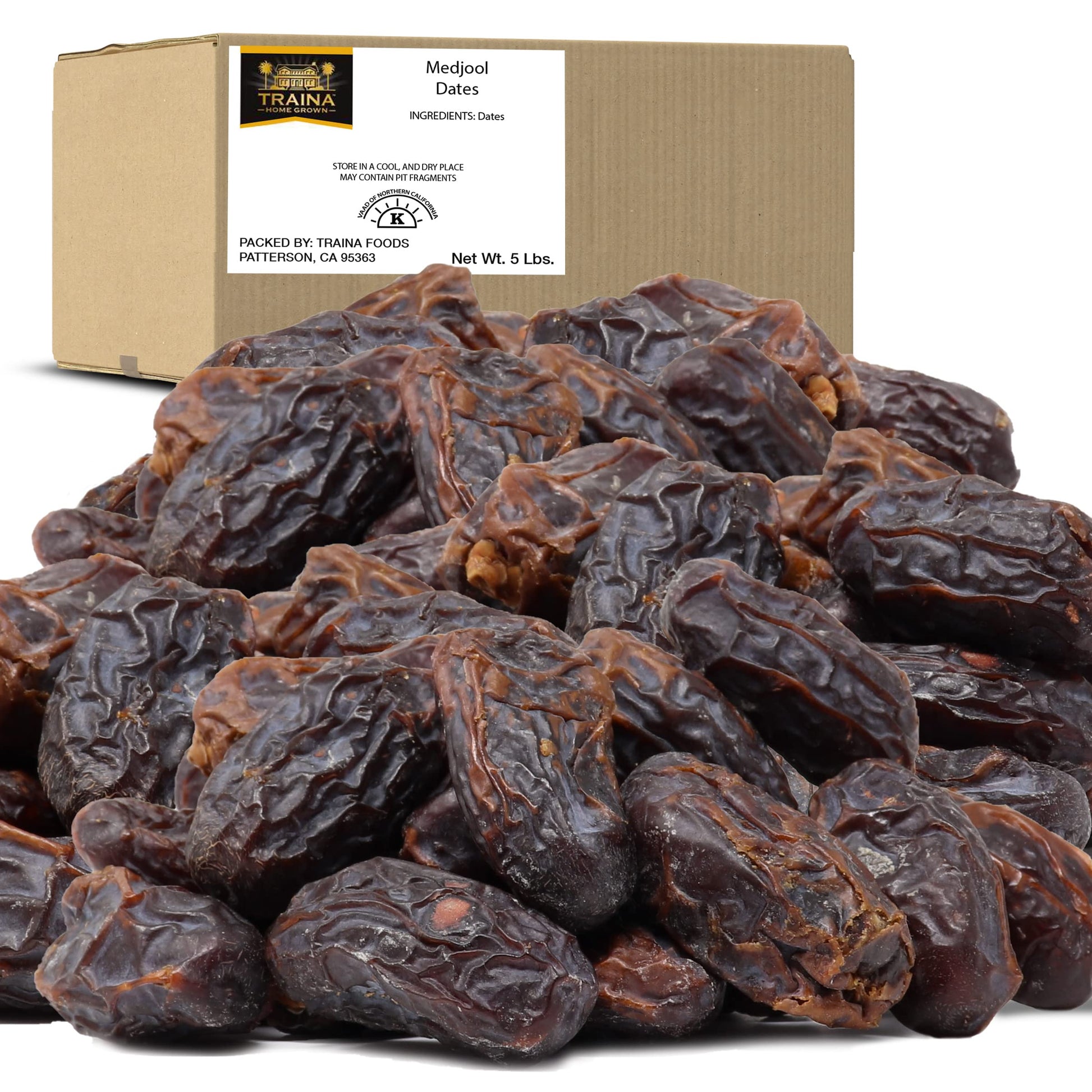 Traina Home Grown California Sun Dried California Medjool Dates - Healthy  No Added Sugar  Non Gmo  Gluten Free  Kosher Certified  Vegan  Value Size (5 Lbs)