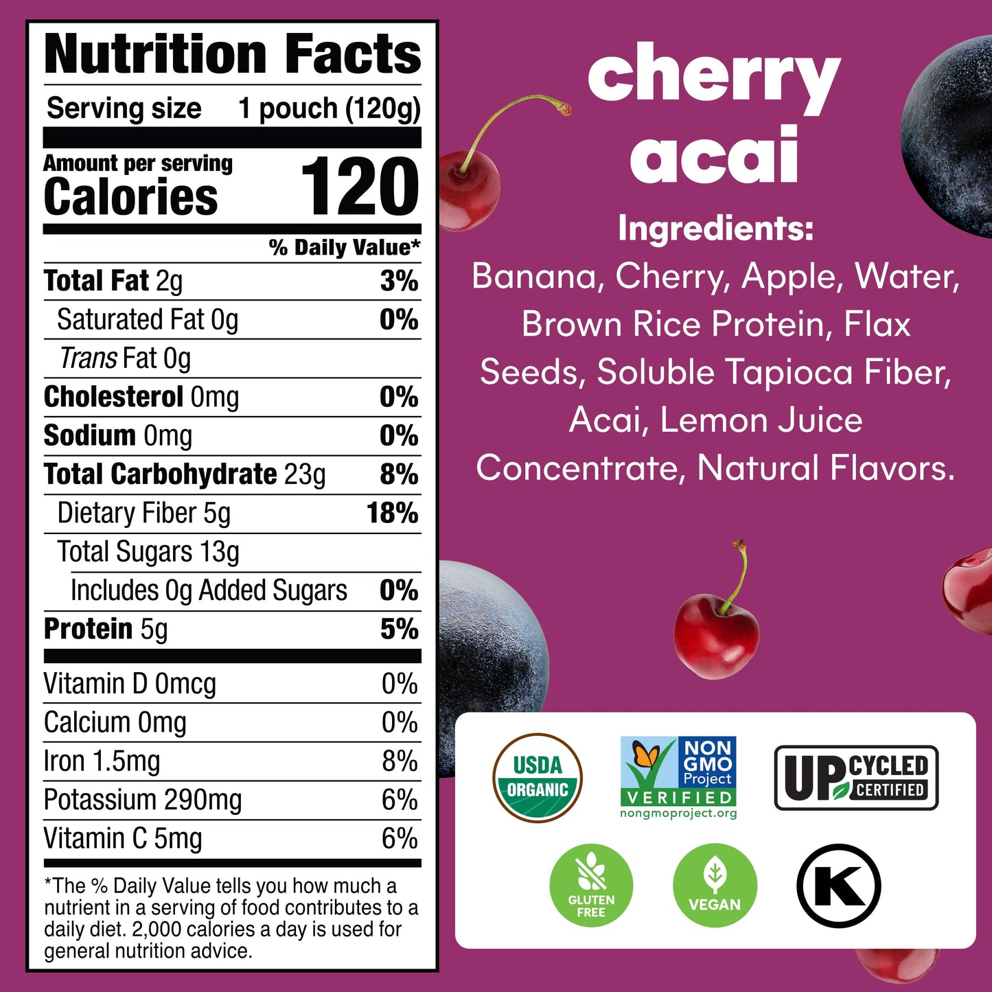 NOKA Superfood Fruit Smoothie Pouches, Cherry Acai, Vegan, Gluten Free, 4.22 oz, Pack of 6
