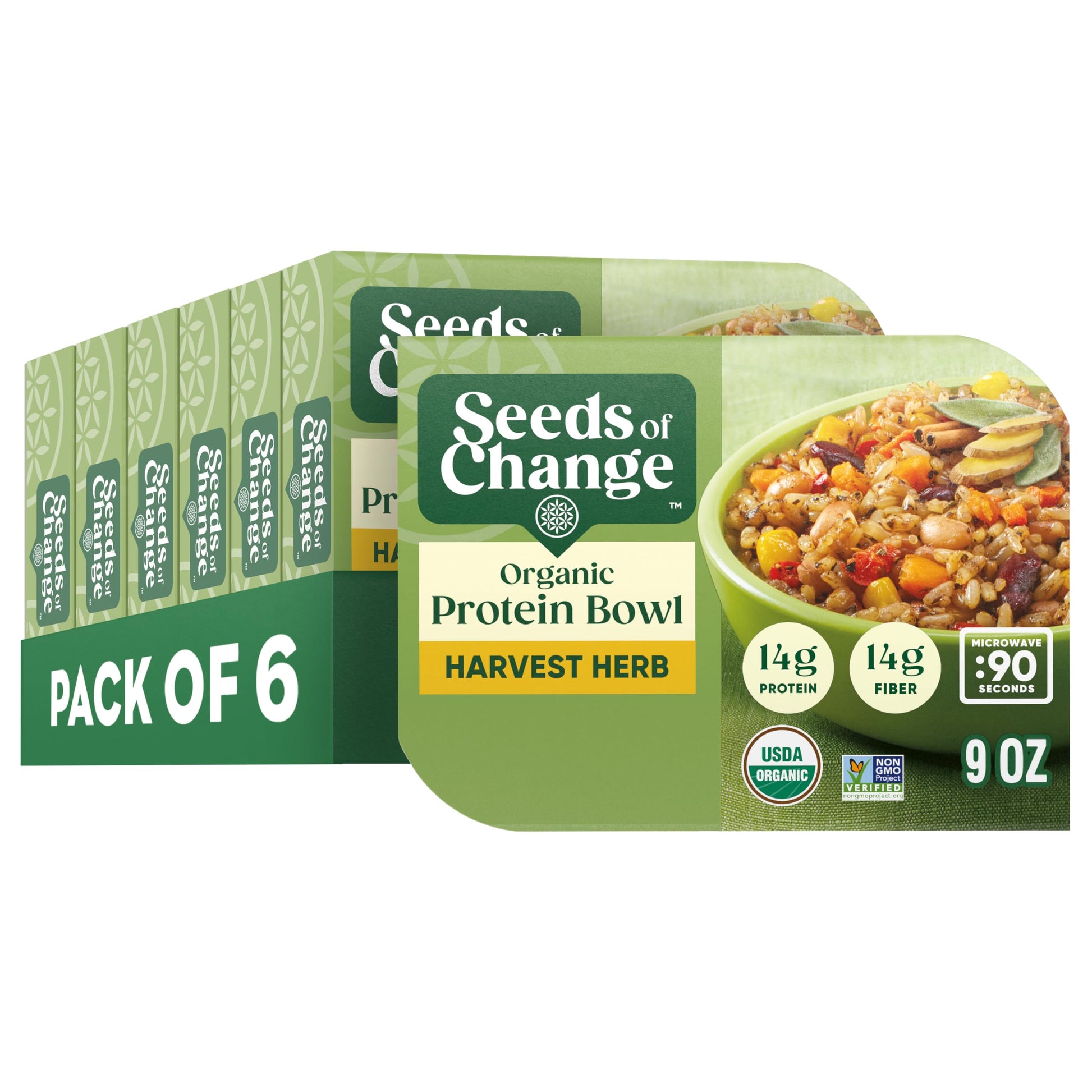 SEEDS OF CHANGE Organic Protein Bowl Harvest Herb, Prepared Entr  e, Microwave in 90 Seconds, 9 oz (Pack of 6)
