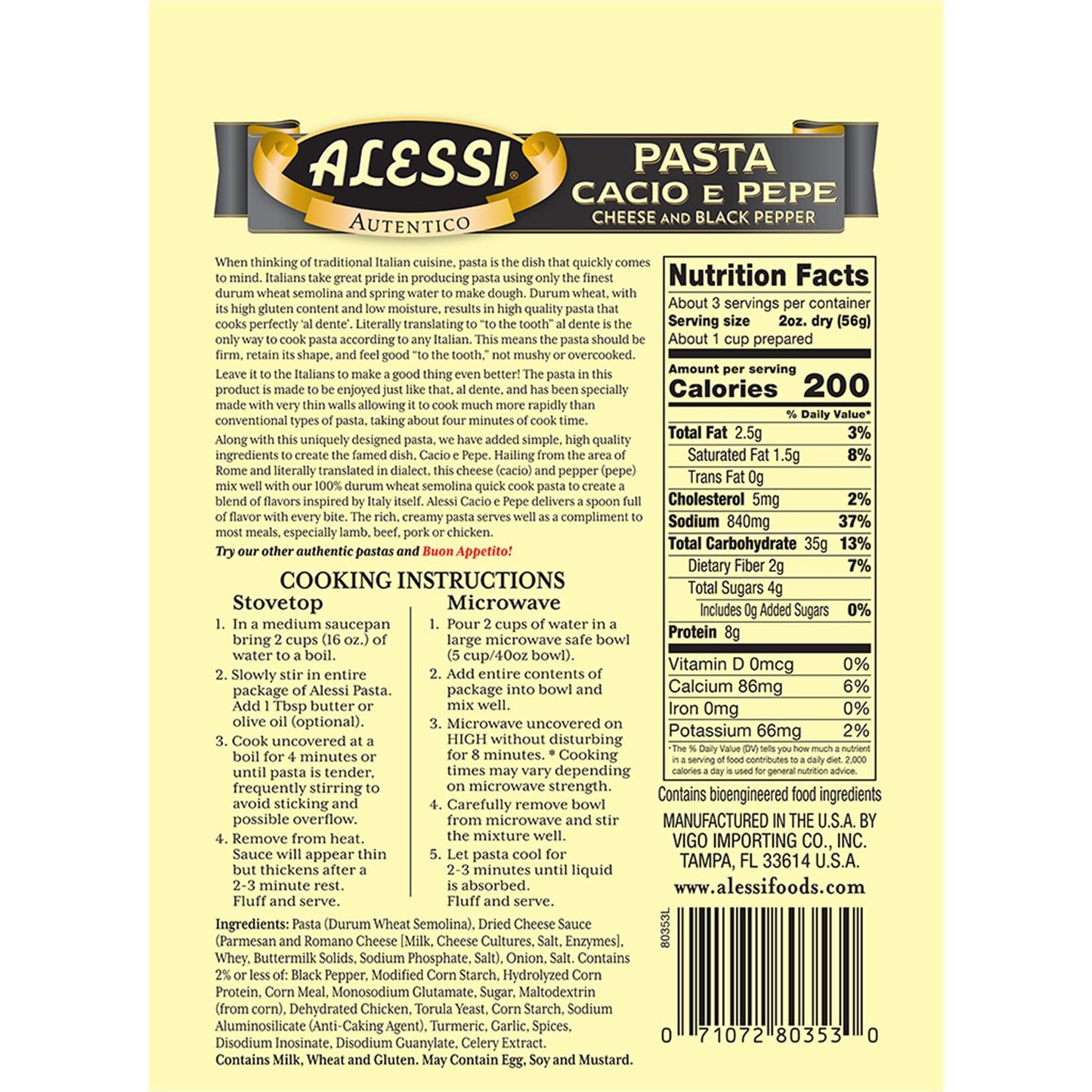 Alessi 4 Minute Pasta, One Dish Quick Meals, Stovetop Or Microwave, Dinner Or Side Ready In Minutes (Cheese & Black Pepper, 6.35 Ounce (Pack Of 6))