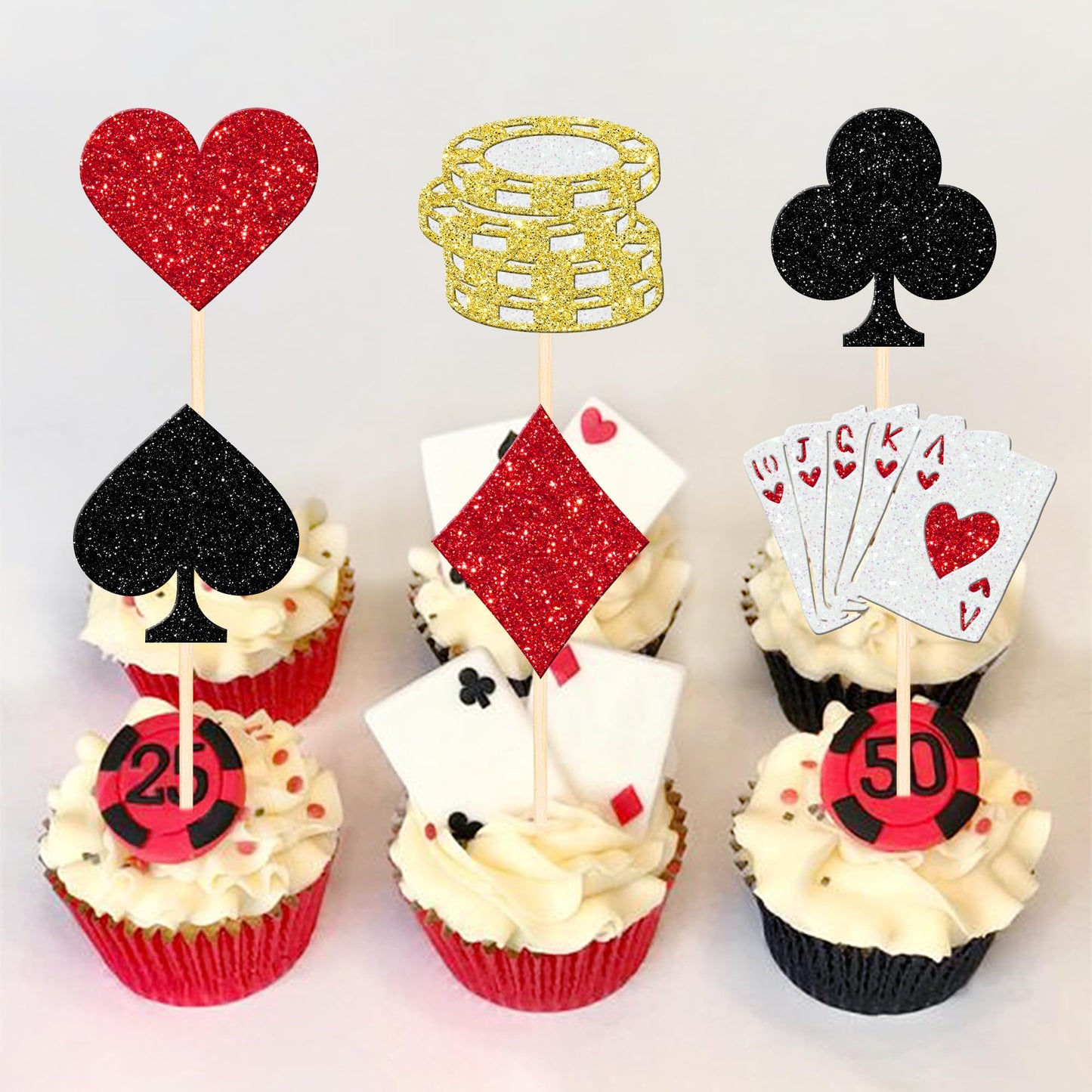 24 Pcs Board-Style Board-Style Theme Cupcake Toppers Glitter Board-Style Game Chips Player Las Vegas Board-Style Cupcake Picks For Las Vegas Board-Style Night Board-Style Theme Birthday Party Cake Decorations Supplies