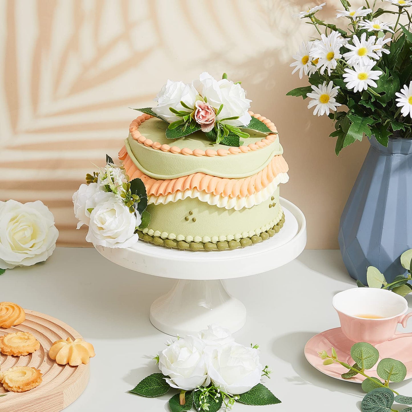 Taiyin Flower Cake Topper Set, 9 Pcs Eucalyptus Floral Decorations for Weddings and Birthdays, White, PVC Material
