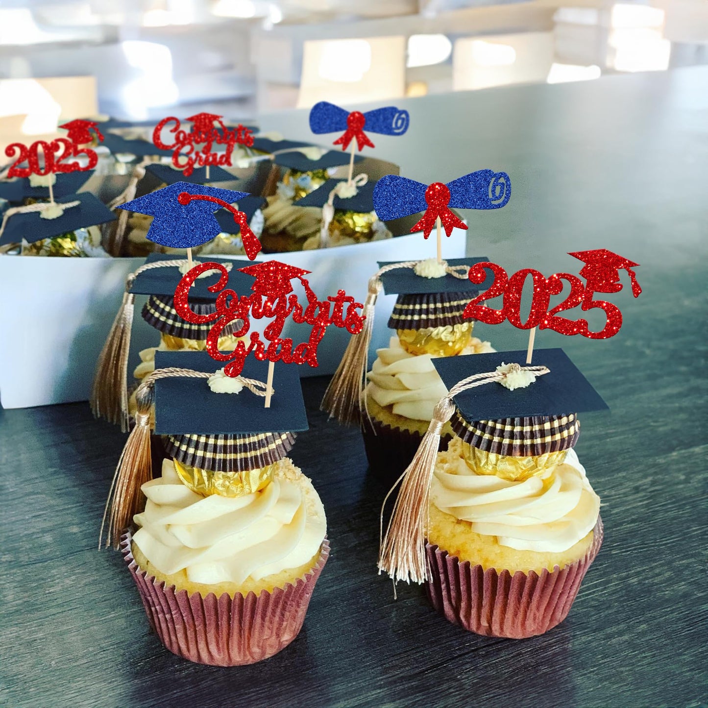 Gyufise 24Pcs Congrats Grad 2025 Cupcake Toppers Blue Red Graduation Cap Diploma Cake Decorations