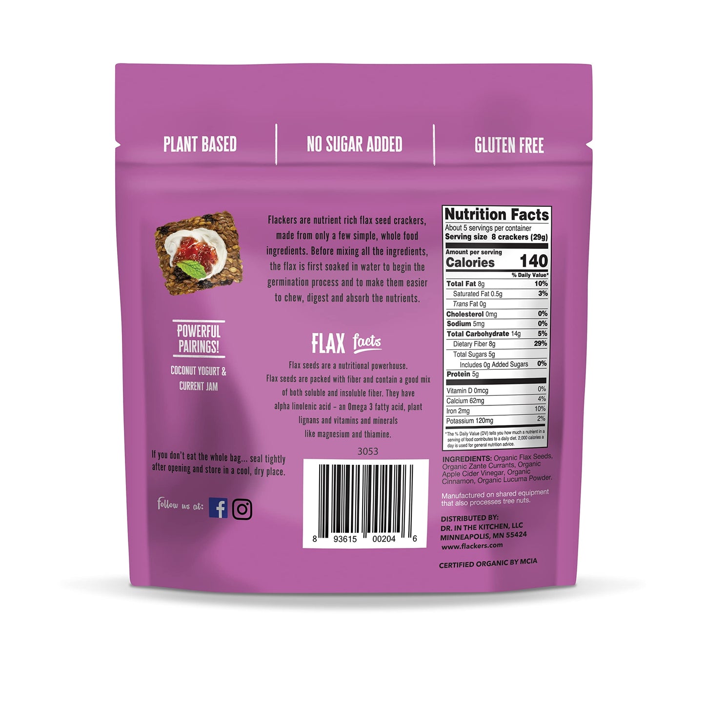 Flackers Organic Flax Seed  ers, Cinnamon & Currants, 5 Oz Bag, Pack of 6