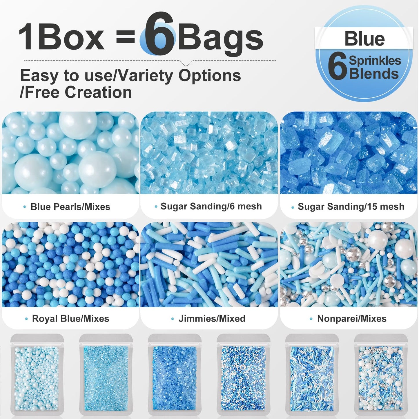 HUEBEATY 6-in-1 Blue and White Sprinkles for Cake Decorating - 180g/6.36oz Edible Baby Shower, Hanukkah, Frozen & Winter Sprinkl