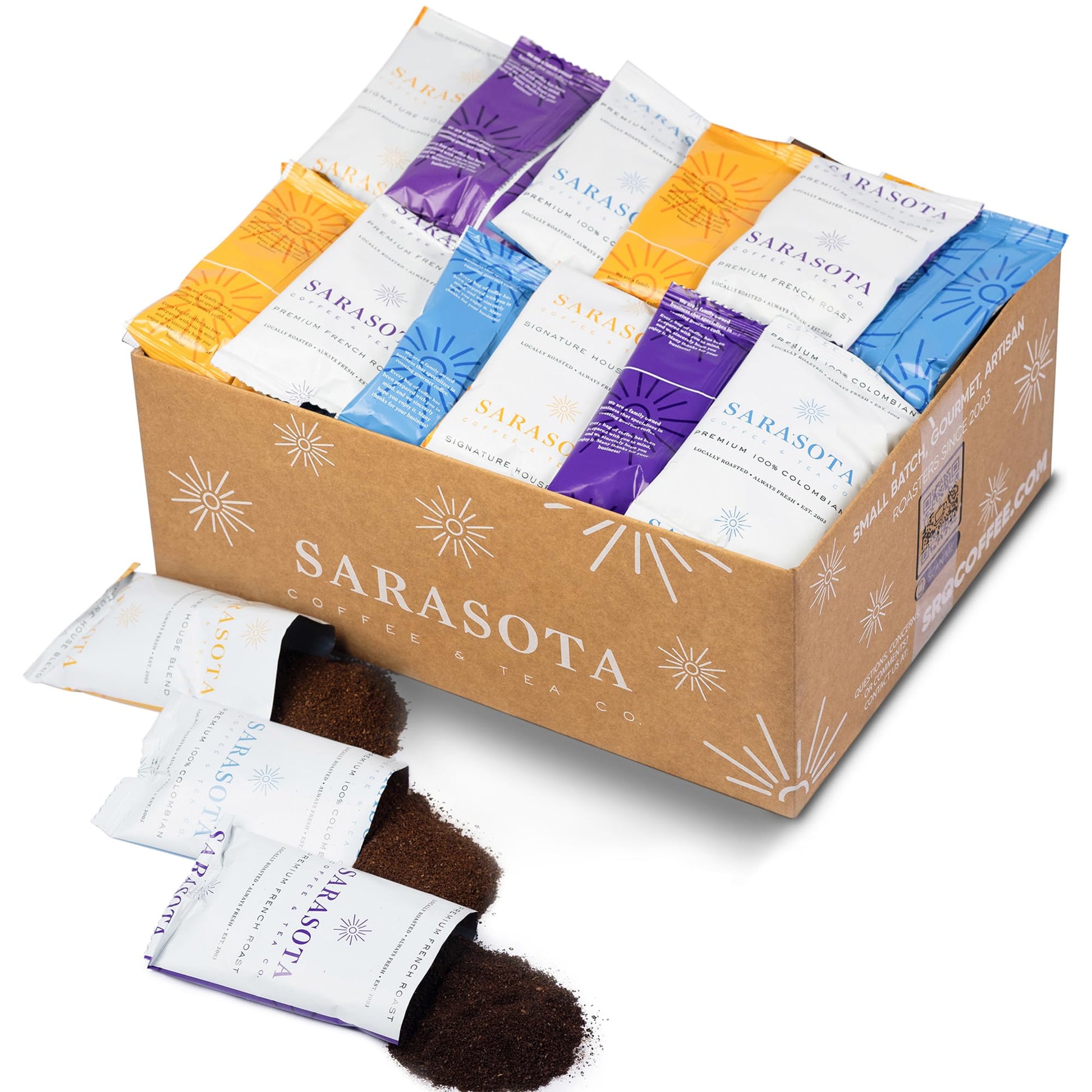 SARASOTA COFFEE & TEA CO. Coffee Ground Packets Gift Set, Assorted Variety, Medium & Dark Roast, 2 Oz Bags, 36 Count