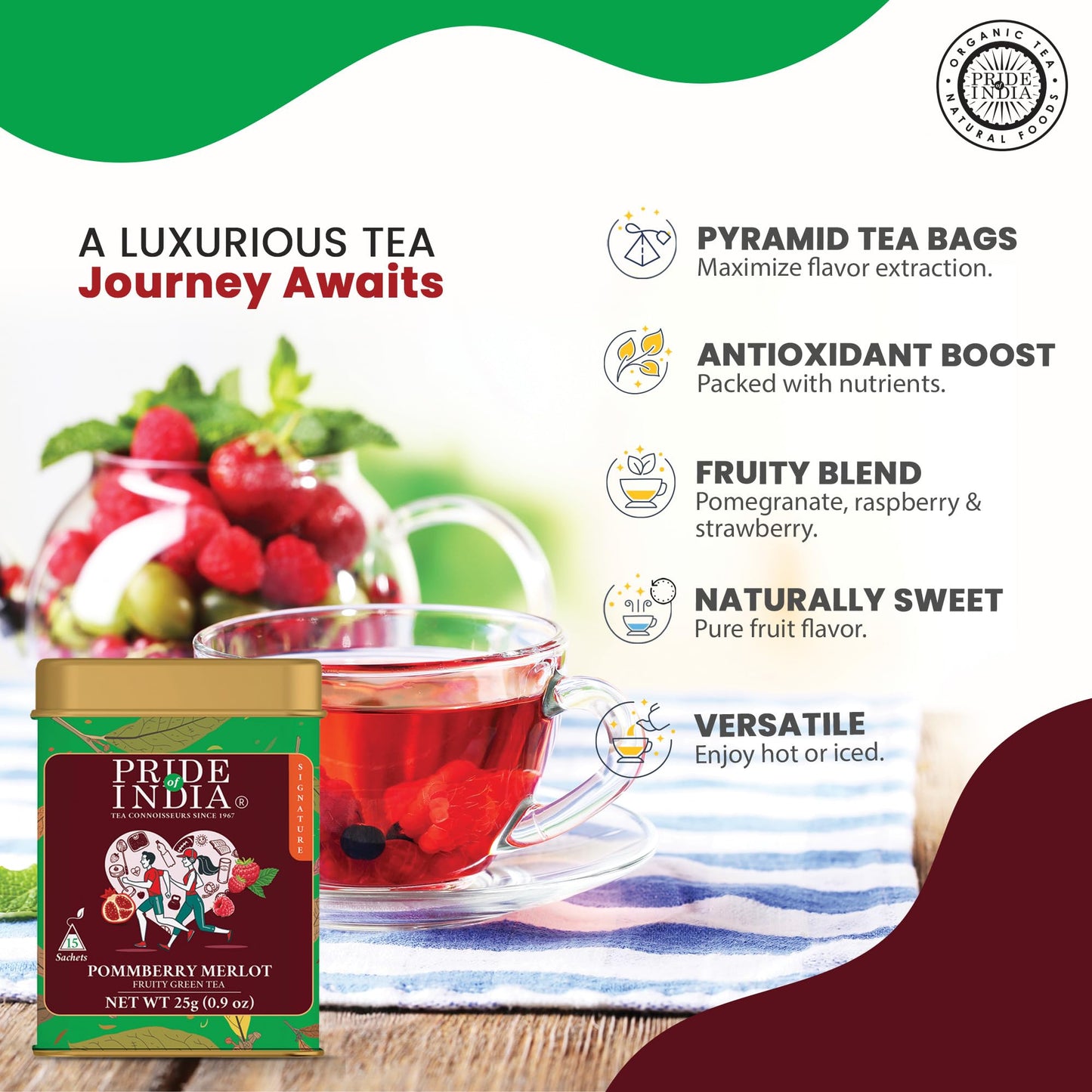 Pride Of India | Pack Of 6 - Pommberry Wine-Inspired Fruity Green Tea | 15 Pyramid Full Leaf Individually Wrapped Tea Bags | Tangy & Fruity Flavor | Vibrant & Uplifting Experience | Caffeine Free