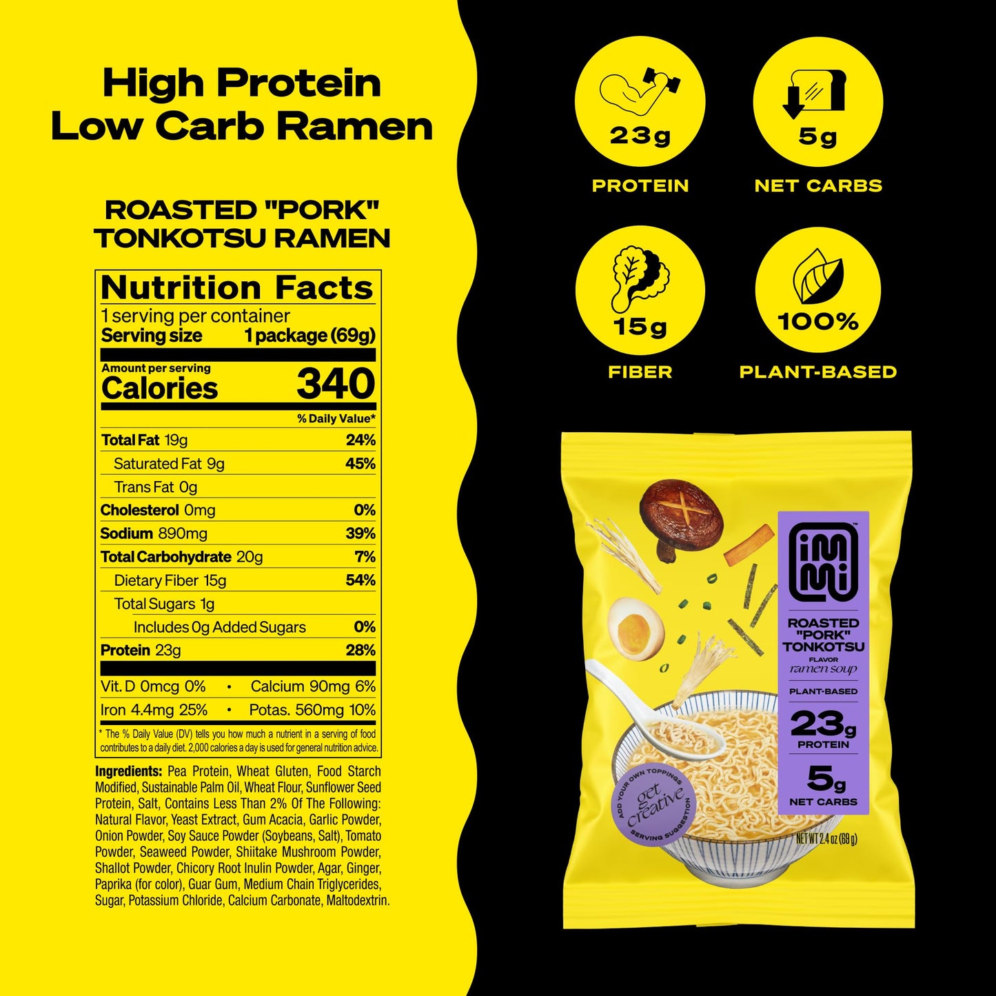 immi Roasted  Pork  Tonkotsu Ramen, 100% Plant Based, Keto Friendly, Low Carb, High Protein, Packaged Noodle Meal Kit, Ready to