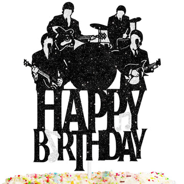 Happy Birthday Cake Topper Music Rock Pop Theme Black Glitter Decor Picks For Beatlemania Party Decorations Supplies