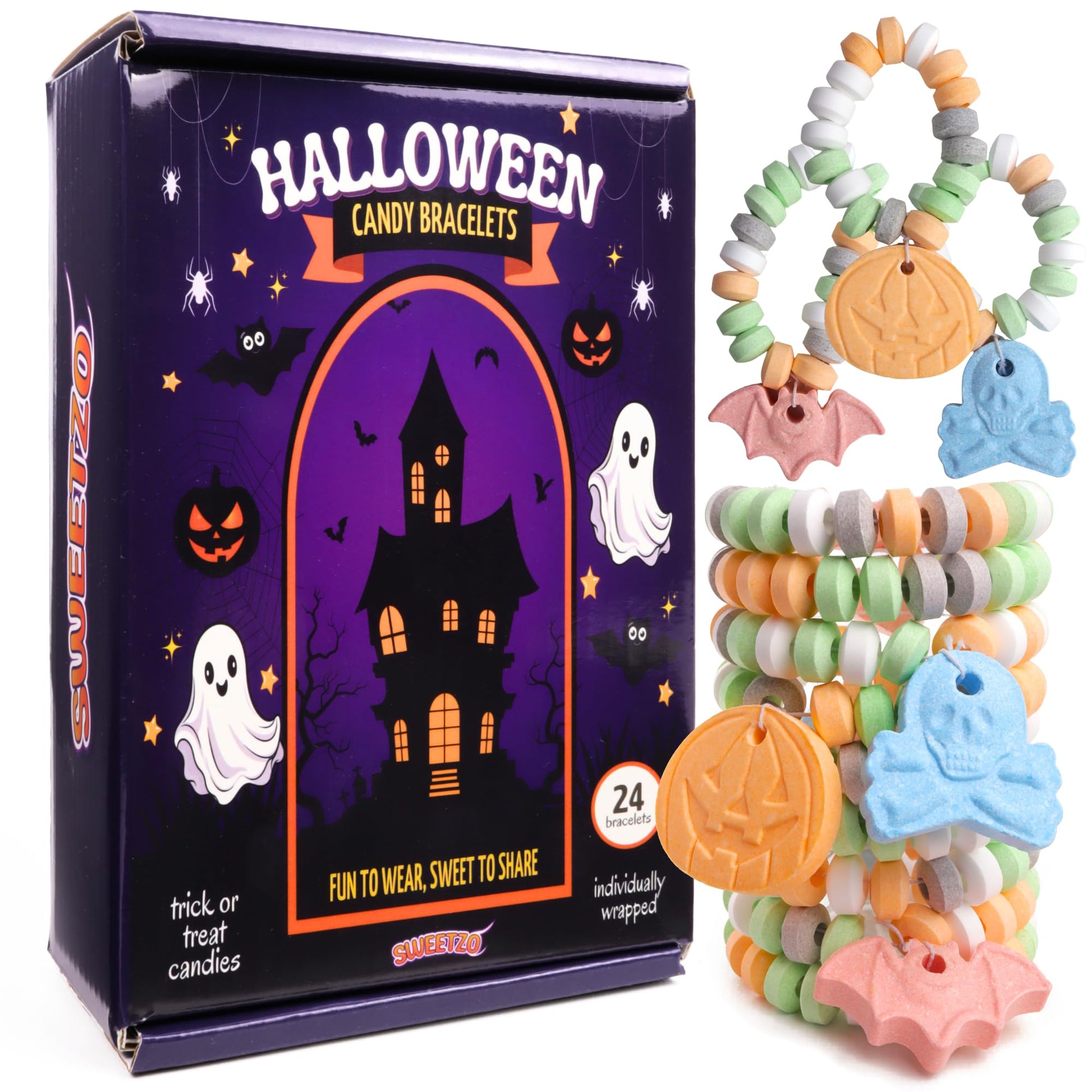 Halloween Candy Bracelets  Individually Wrapped Trick or Treat Pass Out Candies  Assorted Spooky Shapes  24 Count