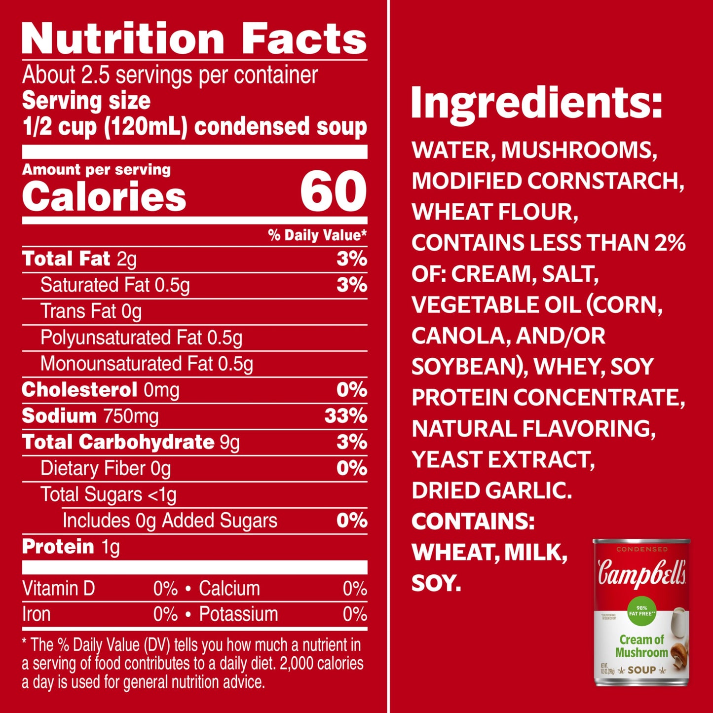 Campbells Cream of Mushroom Soup, 98% Fat Free, 10.5 oz Can