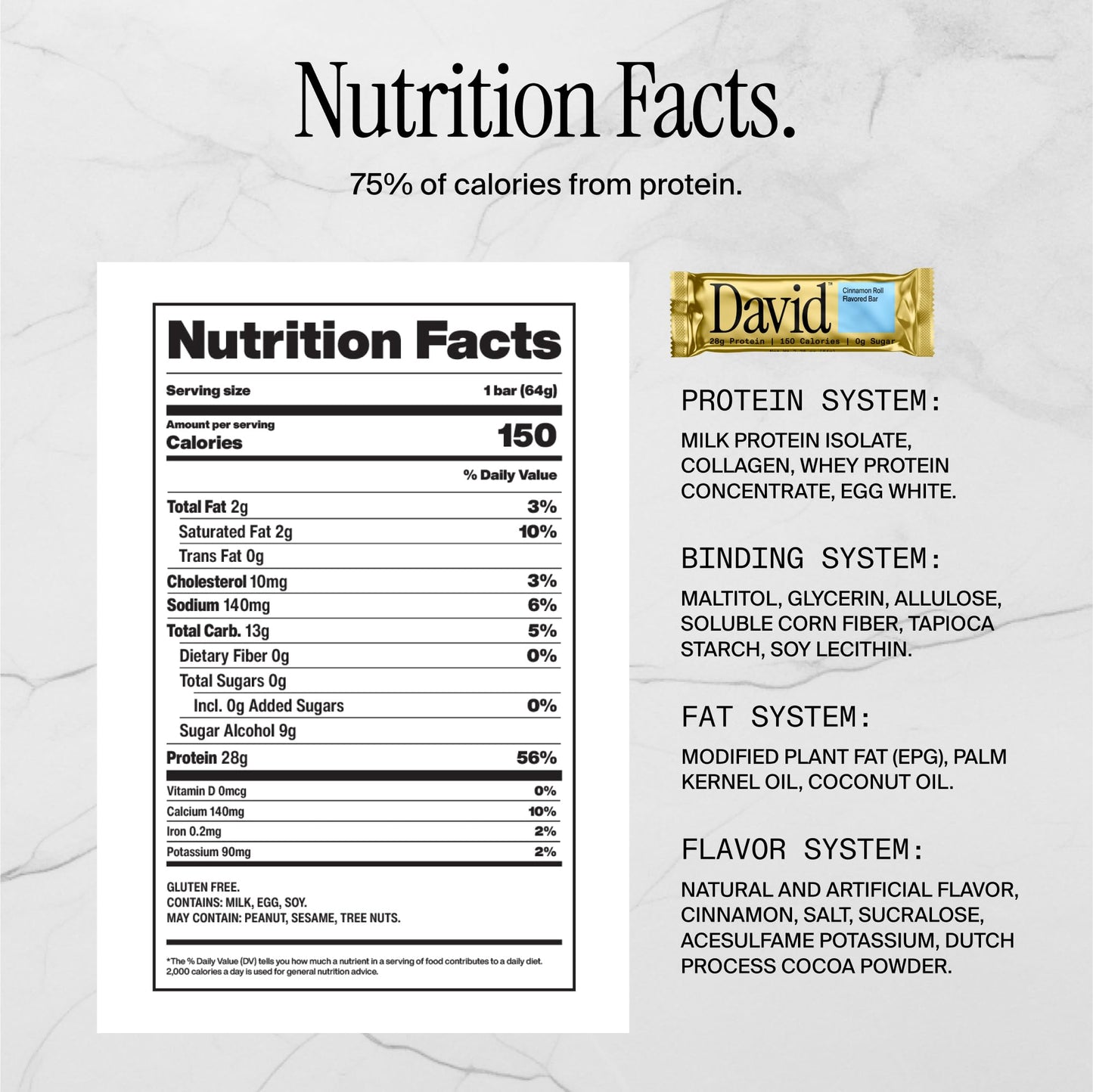 David Protein Bar, Cinnamon Roll Flavor, 28g Protein, 150 Calories, Pack of 12 Bars