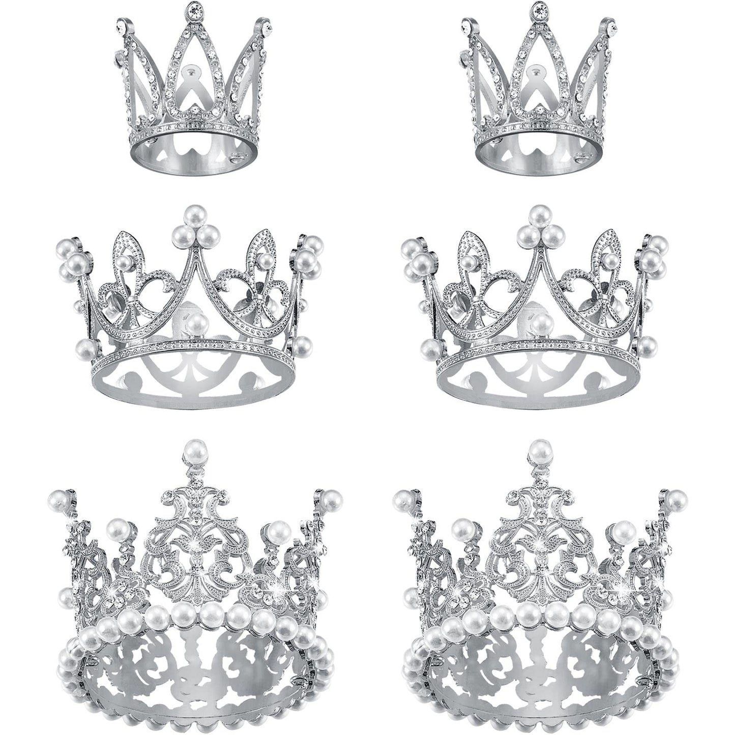 Moxweyeni 6 Pcs Crown Cake Topper Set - Artificial Pearl & Rhinestone - Silver Tiara for Birthday, Wedding & Baby Shower Decorations