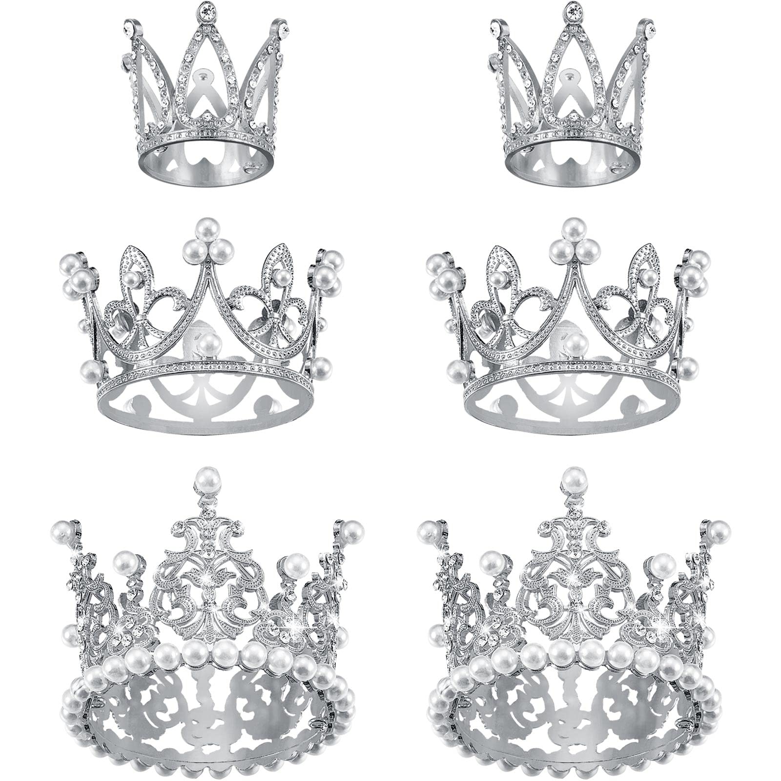 Moxweyeni 6 Pcs Crown Cake Topper Set - Artificial Pearl & Rhinestone - Silver Tiara for Birthday, Wedding & Baby Shower Decorations