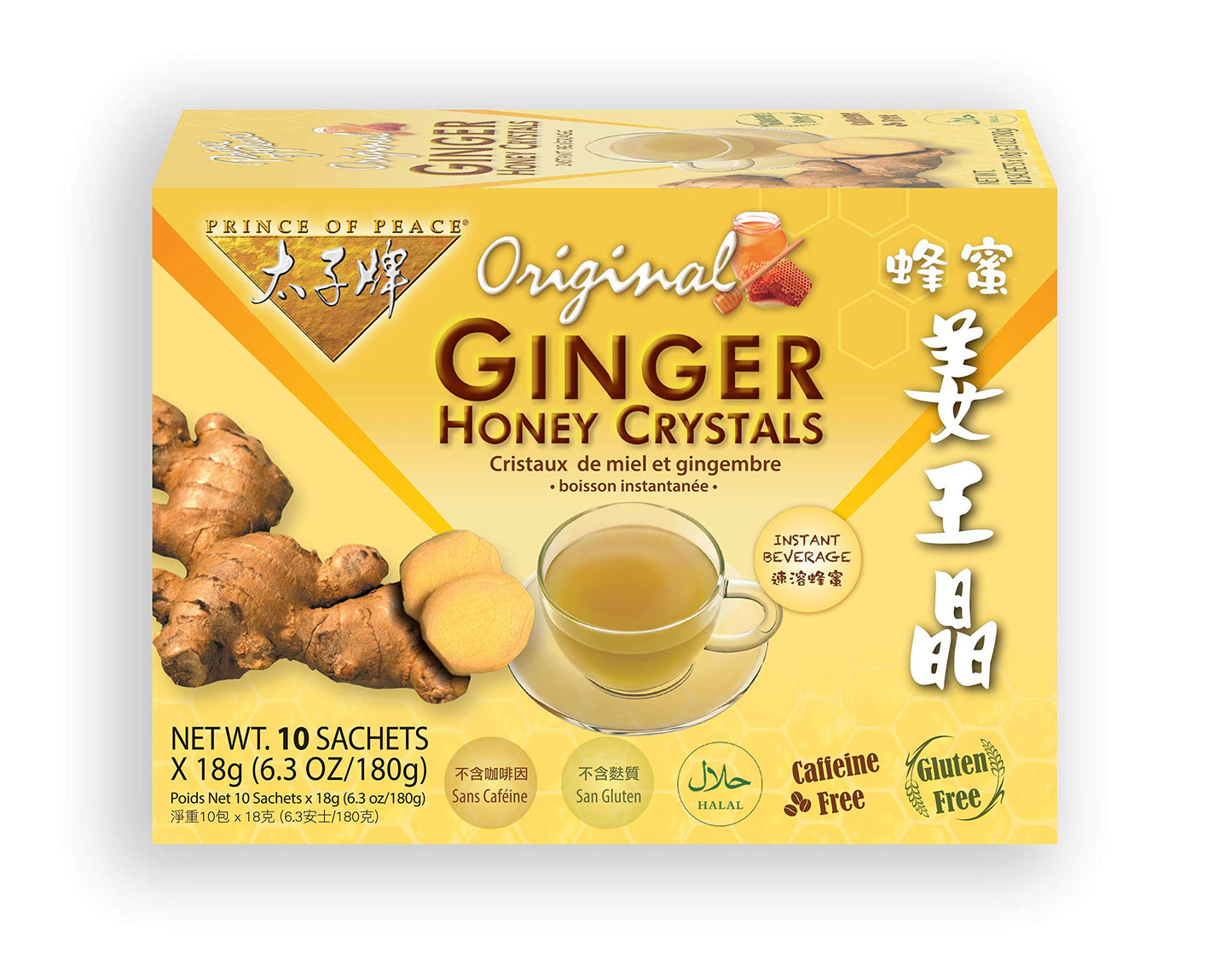 Prince Of Peace Instant Ginger Honey Crystals, 10 Sachets - Hot or Cold Beverage, Original Flavor