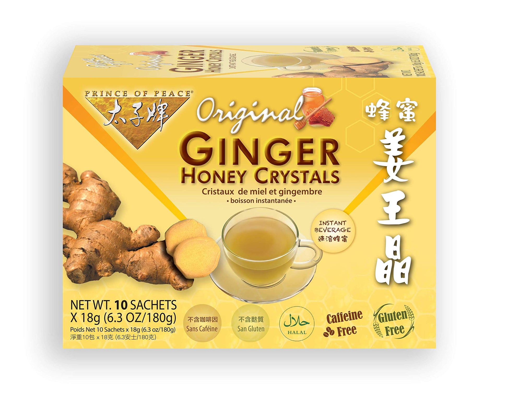 Prince Of Peace Instant Ginger Honey Crystals, 10 Sachets - Hot or Cold Beverage, Original Flavor