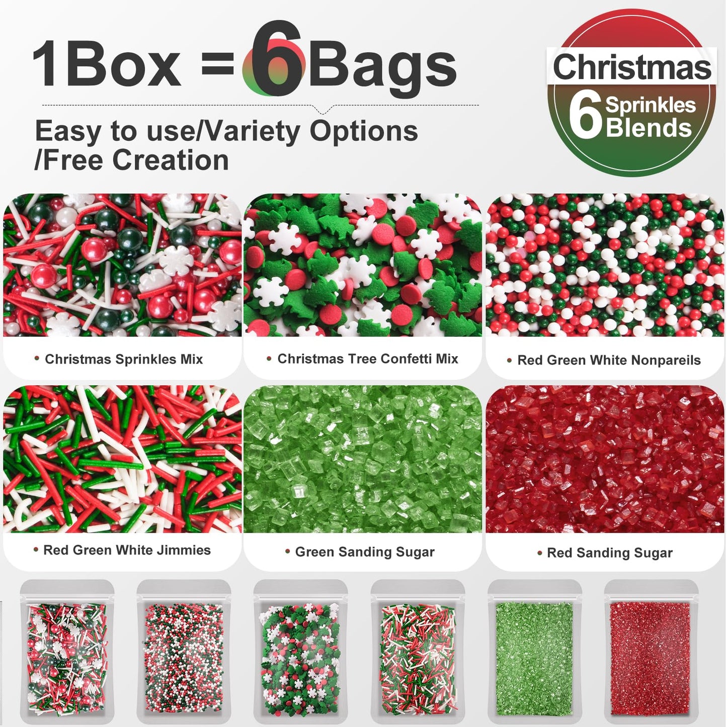 HUEBEATY 6-in-1 Christmas Red and Green Sprinkles for Cookies Baking - 180g Nonpareils, Jimmies, Christmas Tree & Sugar Sprinkle