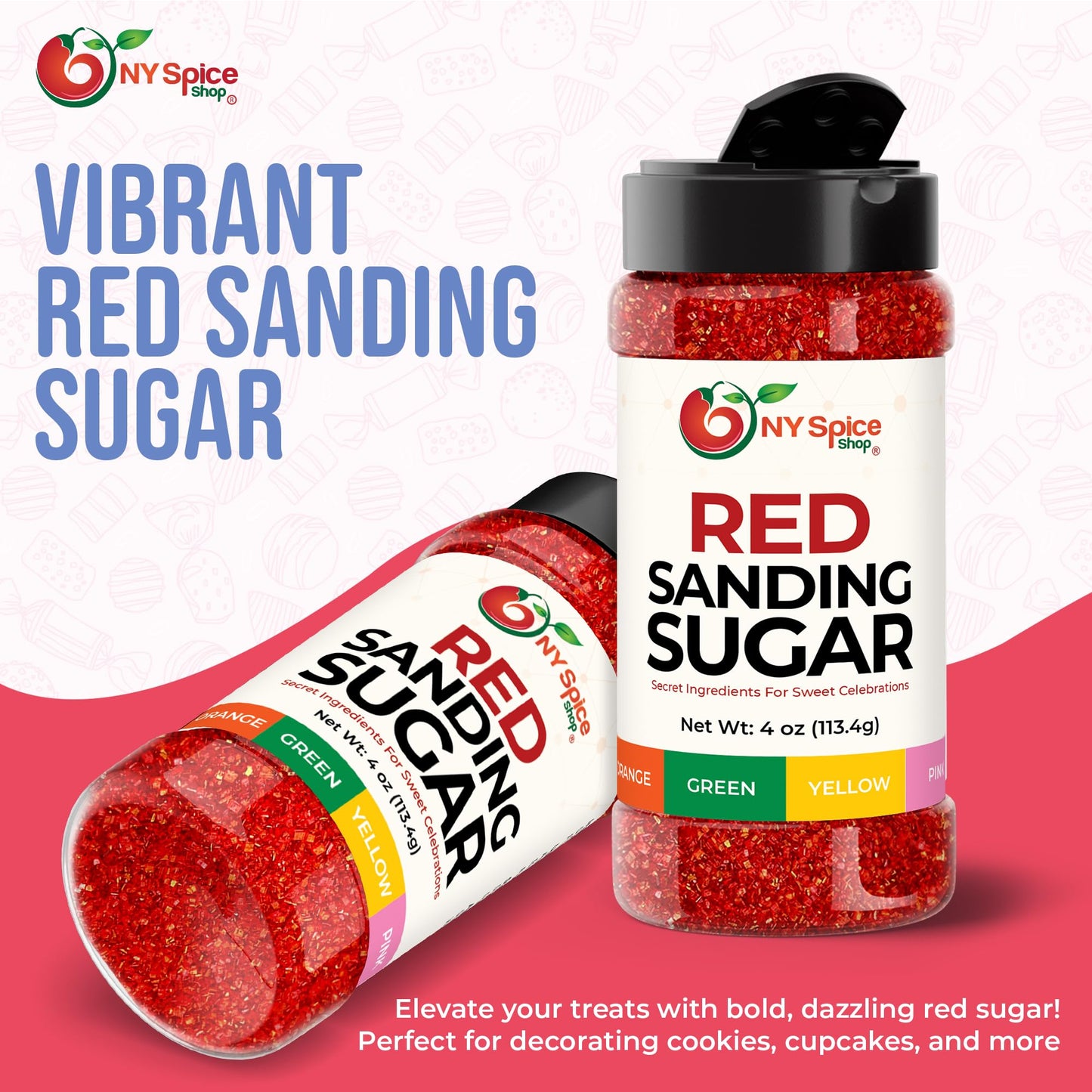 NY Spice Shop Red Sanding Sugar Edible Sprinkles 4 Ounce for Cake Decorating and Candy Dish