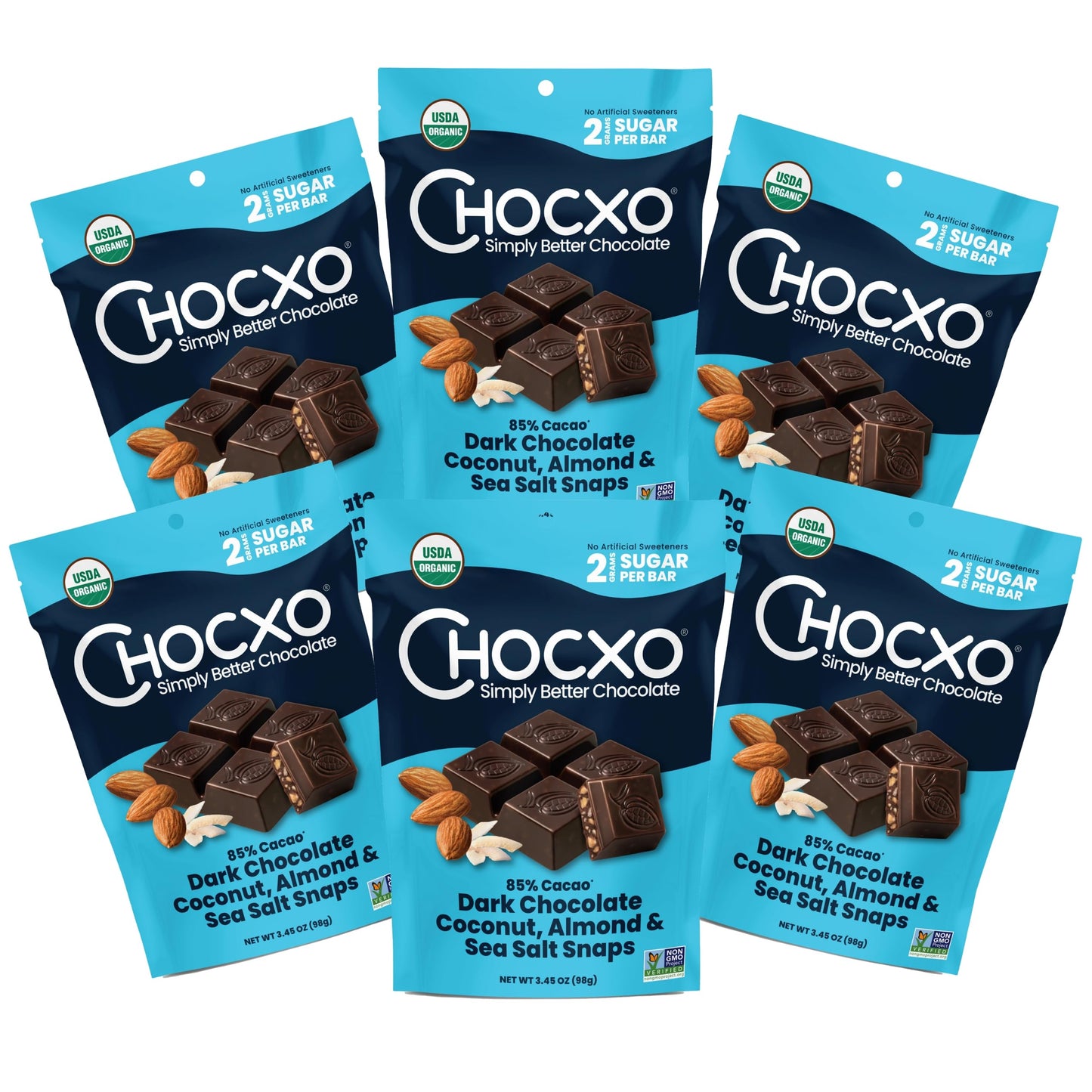 Chocxo Dark Chocolate Coconut Almond & Sea Salt Snaps - Low in Real Sugar, Organic, Non-GMO, Keto Certified, Gluten Free & Koshe