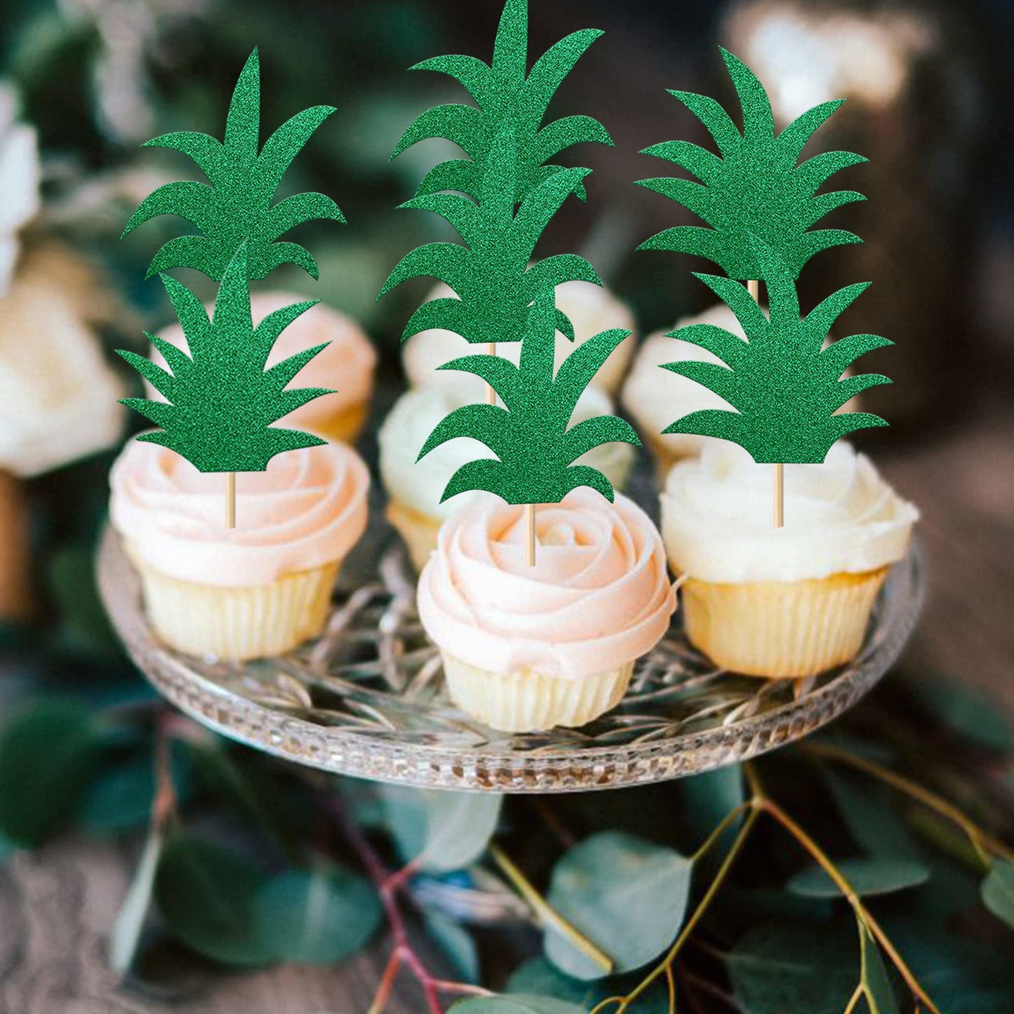 Rssta i Pineapple Cupcake Toppers - 30 Pack, Glitter Design 12, Card Stock, Food Grade Sticks for Hawaiian Luau Parties