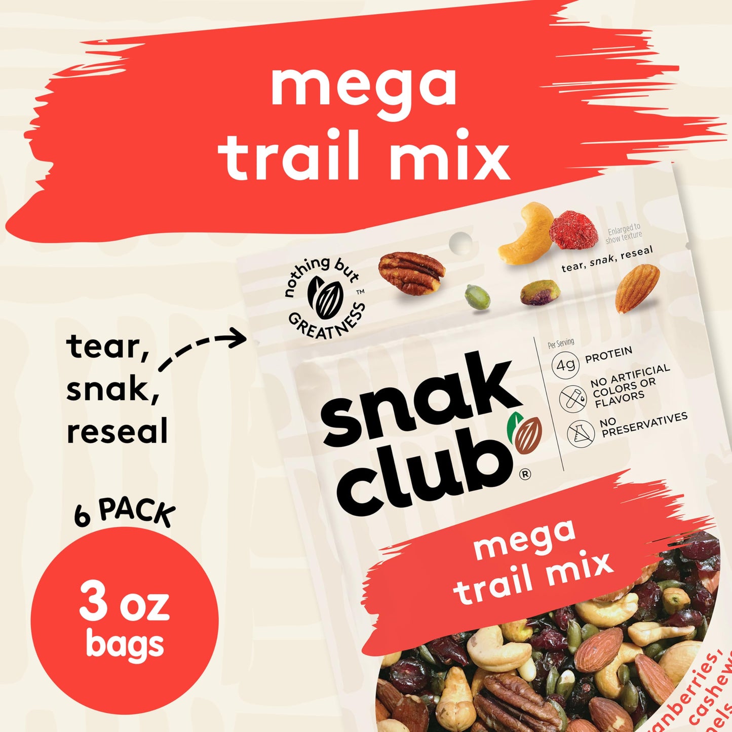 Snak Club Mega Trail Mix, Gluten-Free Snack with Cranberries, Almonds, Pumpkin Seeds, 3 oz Resealable Bags, 6 Pack