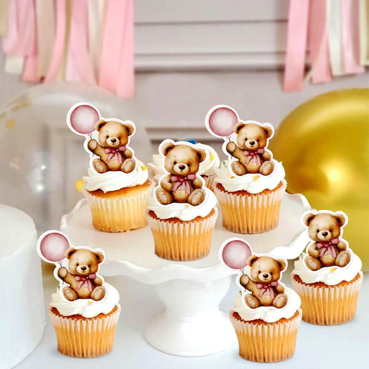 40 Pcs Edible Wafer Paper Baby Shower Bear Cupcake Toppers Drink Topper Selection Baby Bear Theme Baby Shower Decorative Supplie