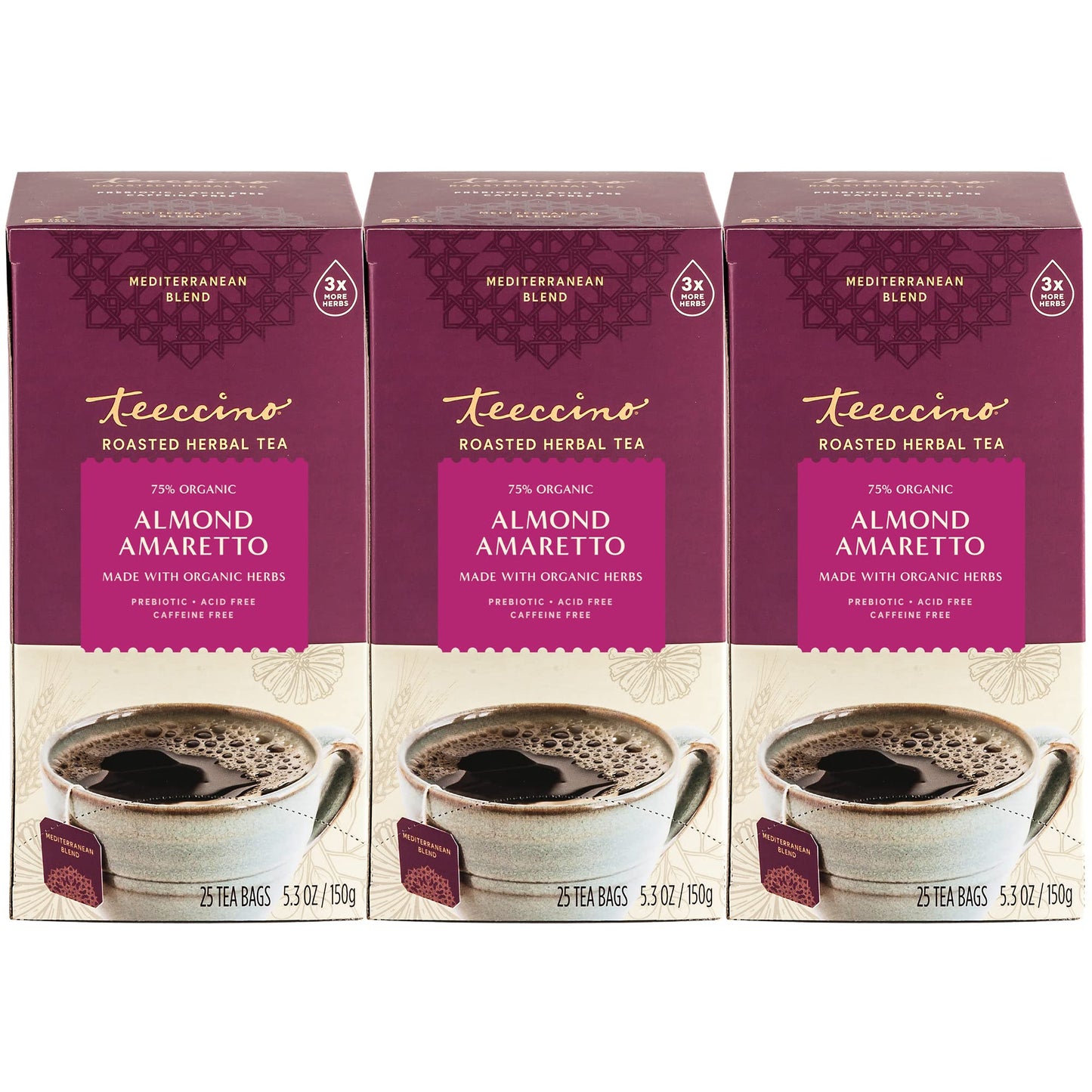 Teeccino Almond Amaretto Herbal Tea - Caffeine Free, Prebiotic, 25 Tea Bags (3 Pack)