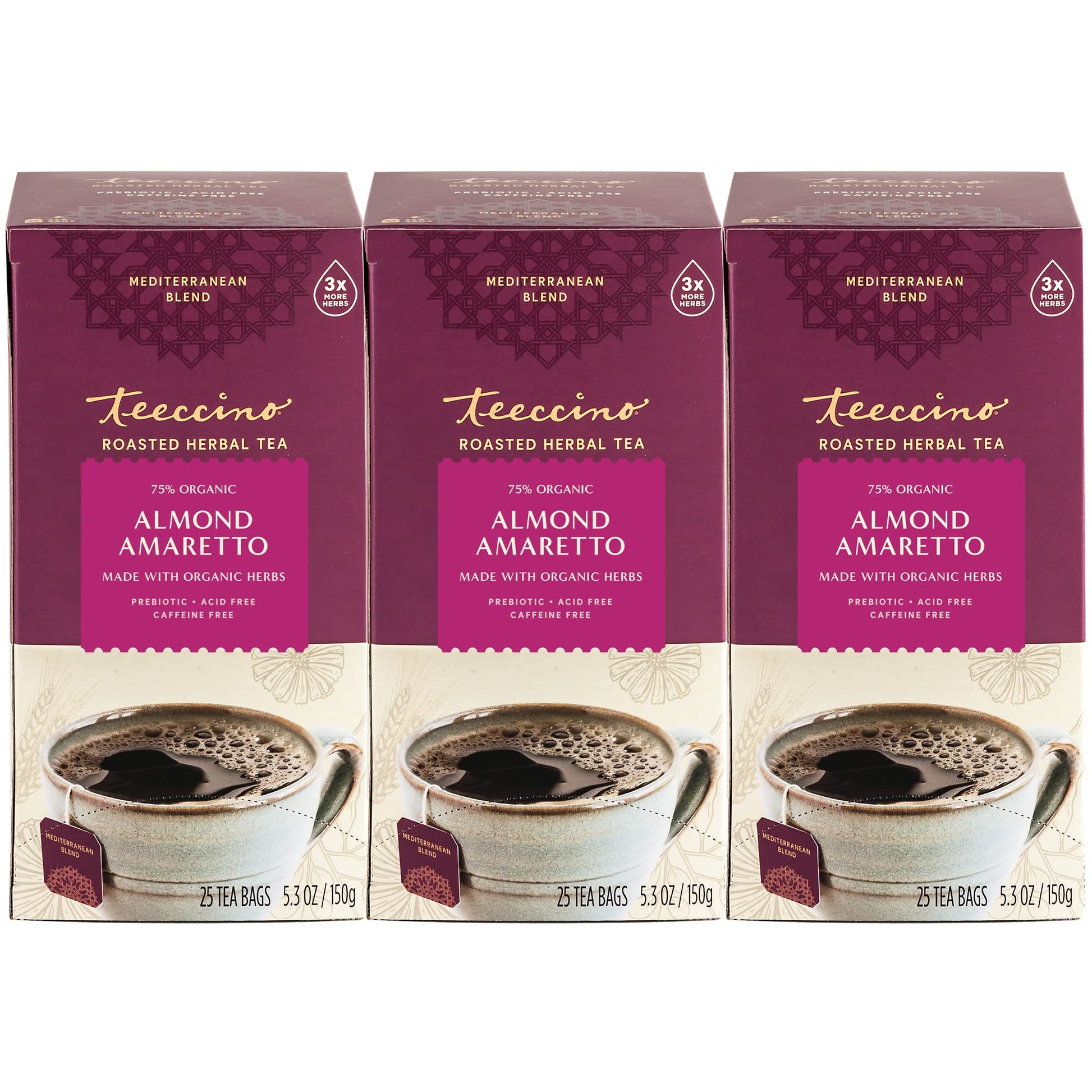 Teeccino Almond Amaretto Herbal Tea - Caffeine Free, Prebiotic, 25 Tea Bags (3 Pack)