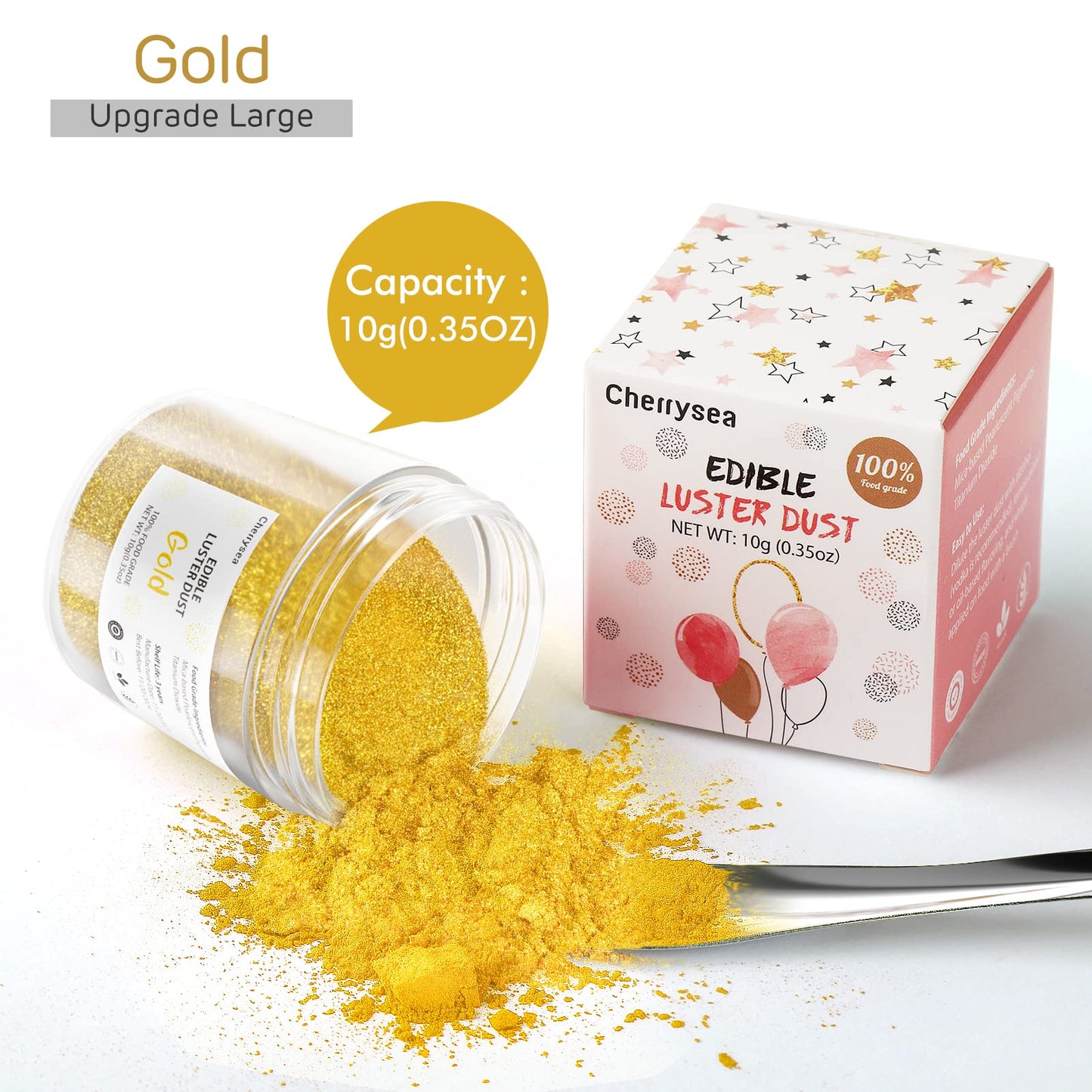 Cherrysea Gold Edible Luster Dust, Food Grade Dessert Powder for Baking, 10 Grams, Tasteless for Cupcakes, Cake Pops, Fondant, Chocolate